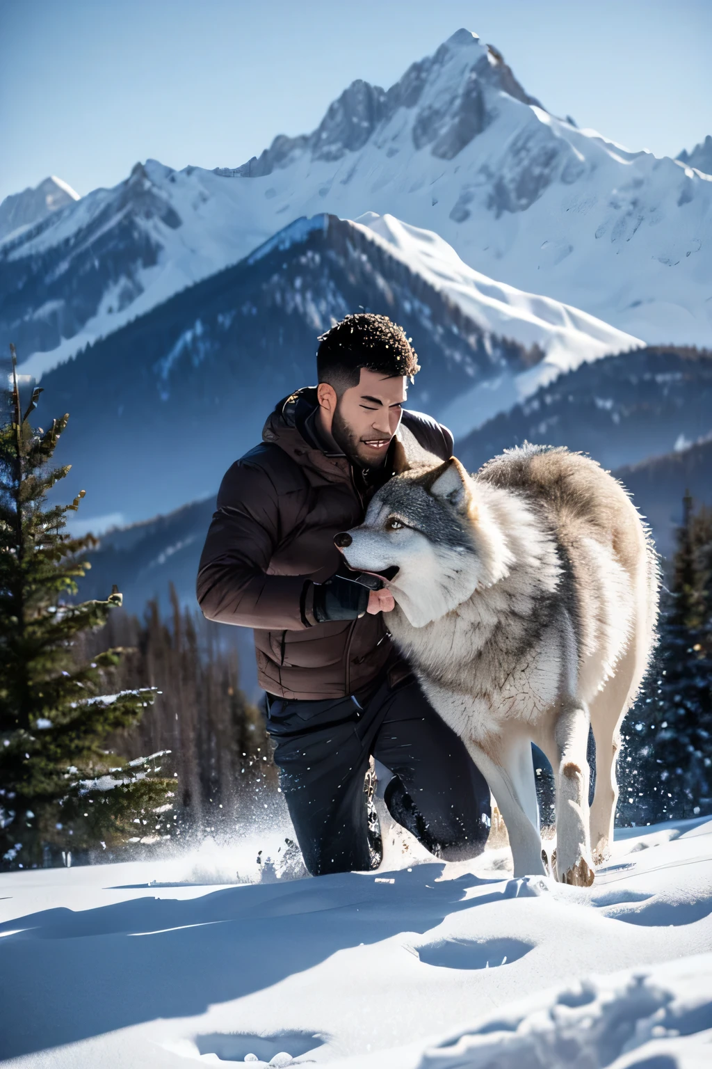 snow mountain forest,man and wolf fightinan bitten,wolf chasing man