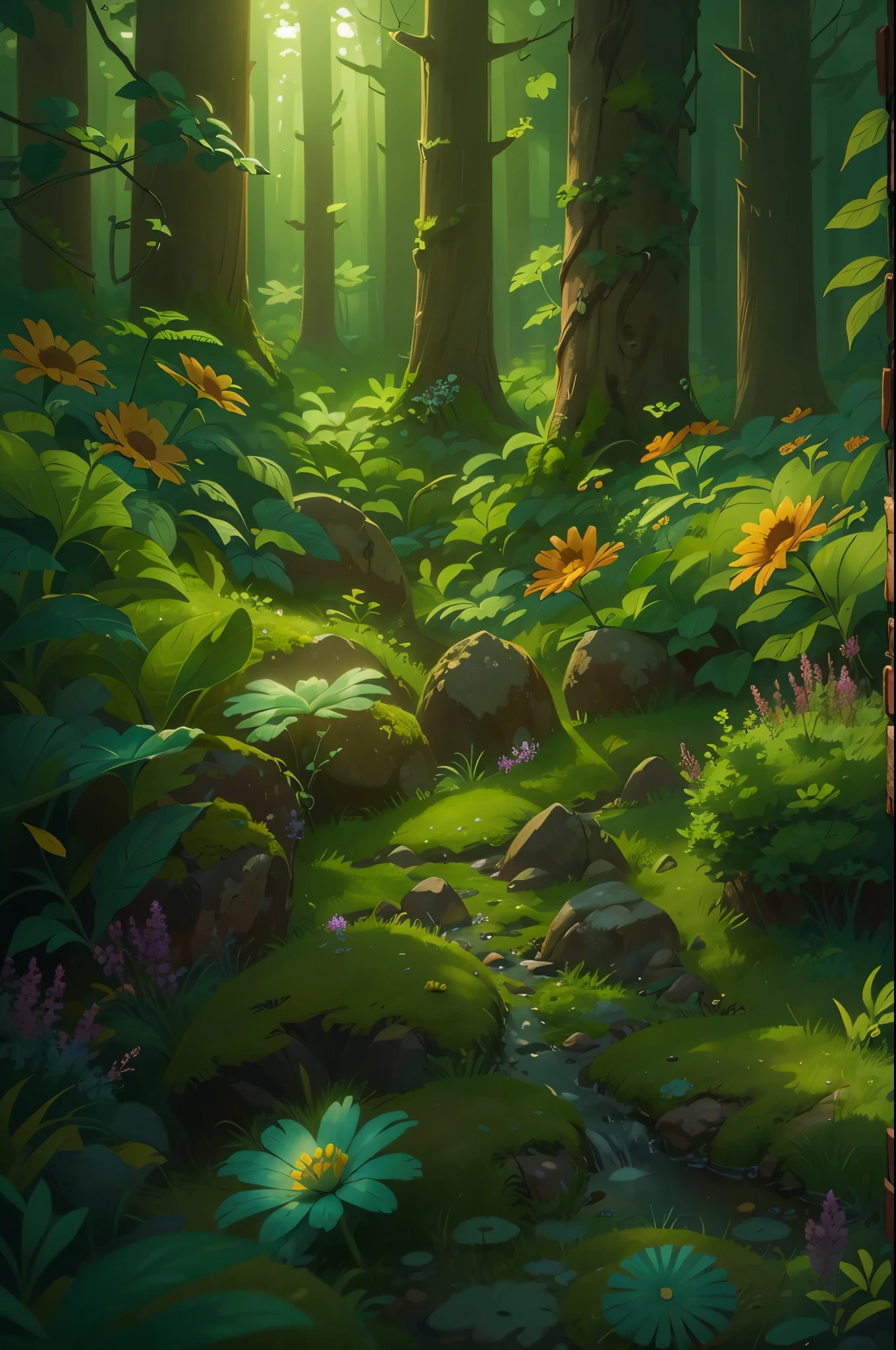 a clearing in the forest,Close-up of the scene,Pixar cinematic style,Best quality at best, cinematic Film still from,in the early morning, bright sun,beautiful flowers,