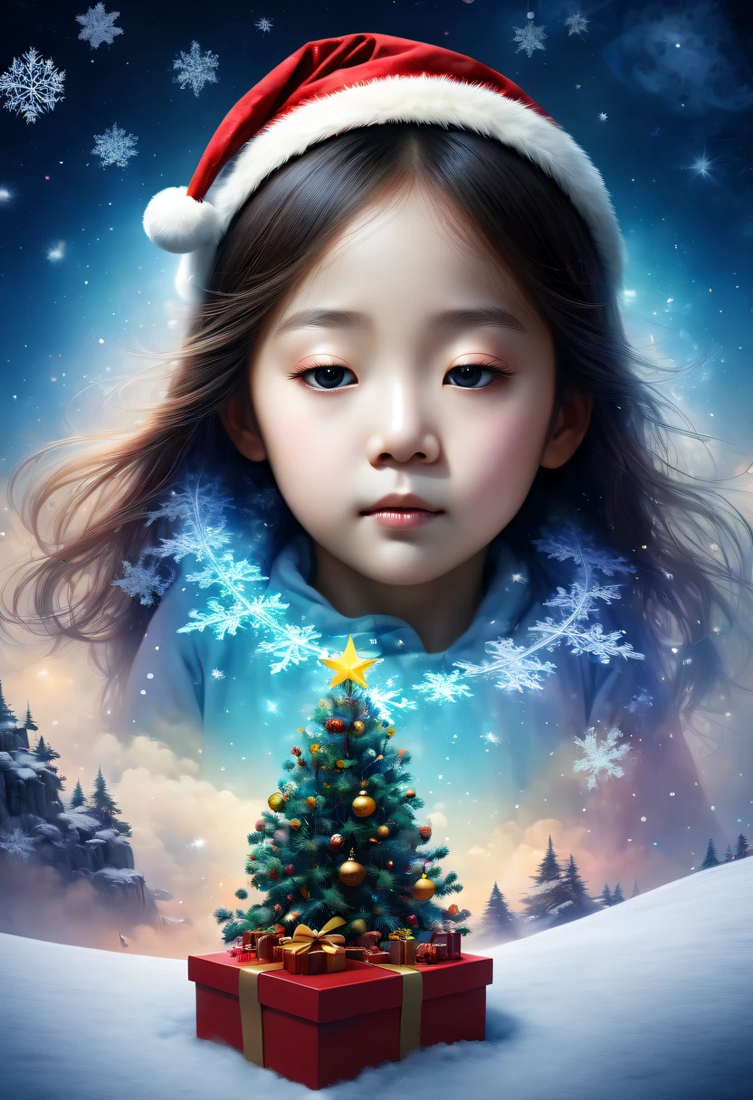 christmas,Gamine'Her face appeared above the colorful clouds,(multiple exposure:1.5),nigh sky,dream,(Christmas gifts:1.2),Gamine'face asleep,(Christmas tree:1.2),(Big snowflakes:1.3),五颜六色的Big snowflakes飞舞着,Colorful clouds,nigh sky中闪烁的星星,Overlapping clouds and fog,Exquisite gift box,异想天开的奇幻圣诞dream,Beautiful Art Ultra HD 8K, 8K highly detailed digital art, beautiful detailed fantasy, 史诗般的奇幻christmas, 神秘又dream幻的christmas, Magic fantasy is very detailed, miraculous huge breasts, detailed fantasy digital art, 8K detailed digital art