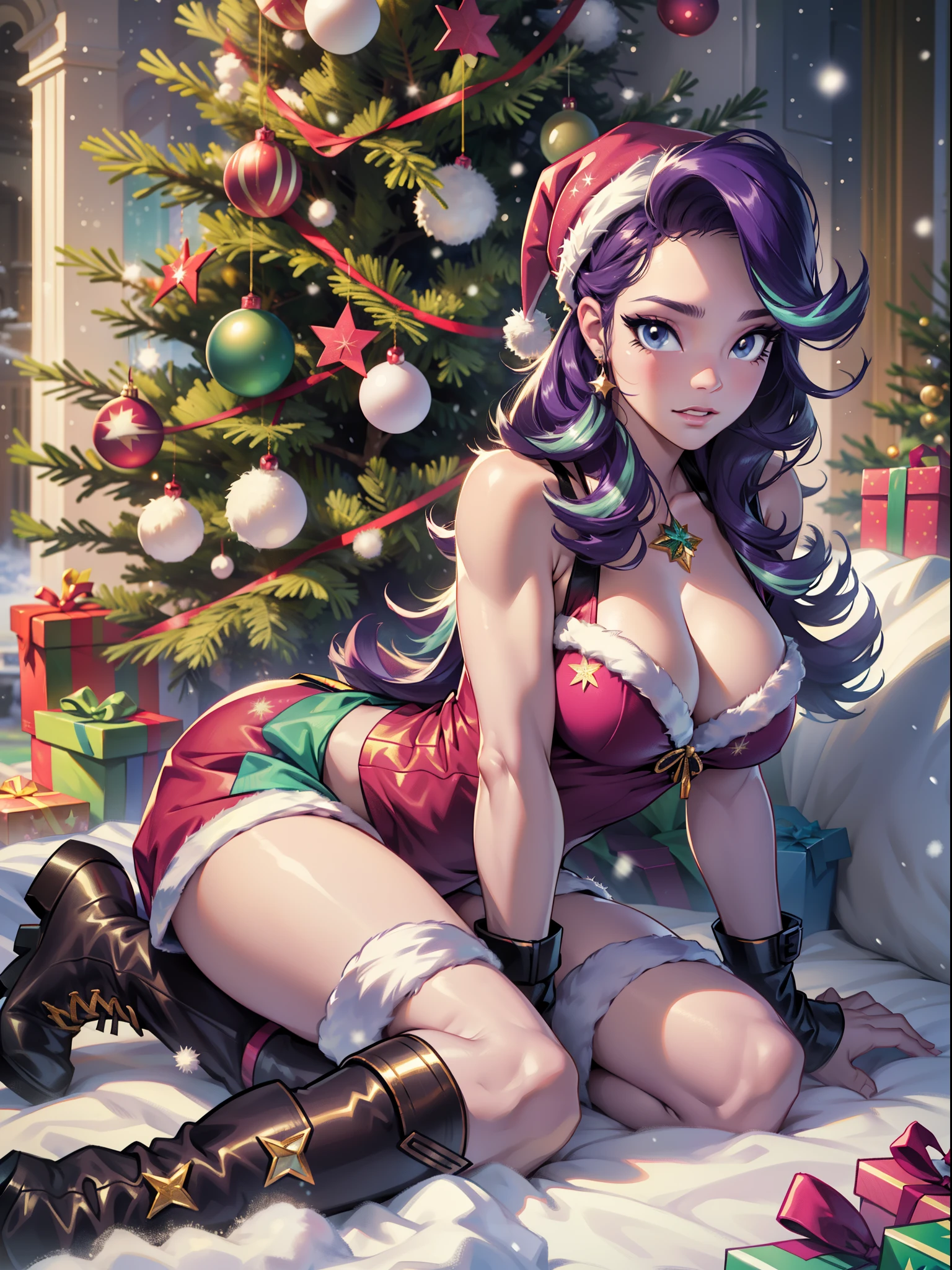 Starlight Glimmer, Starlight Glimmer из мой маленький пони, big breastes, Lush breasts, Volumetric breasts, exuberant hair, hairlong, New Year, Christmas, santa costume, sexy, New Year's Eve Outfit, in full height, New Year&#39;s boots, women&#39;s boots, super quality, Very detailed, snowing, Christmas tree, Garland