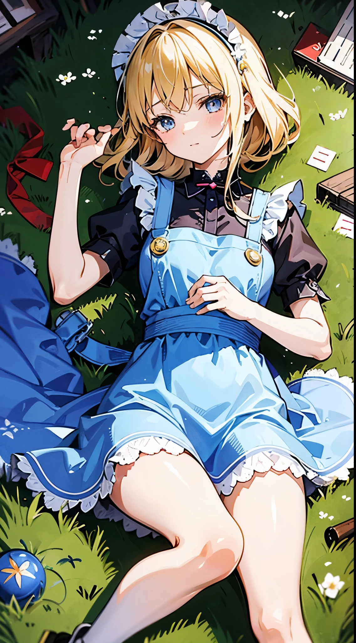 anime styled, High definition illustration, Perfect drawing, Draw anatomically correctly, alice in the wonderland, In the forest where the bright sun shines, beautiful blonde girl lying on the ground, ((seminude:1.5)), A short, light blue dress with a simple design and frills., Layering a white apron,The girl is sleeping with a happy expression, The girl&#39;s apron and skirt are turned up and her panties are visible., Red headband