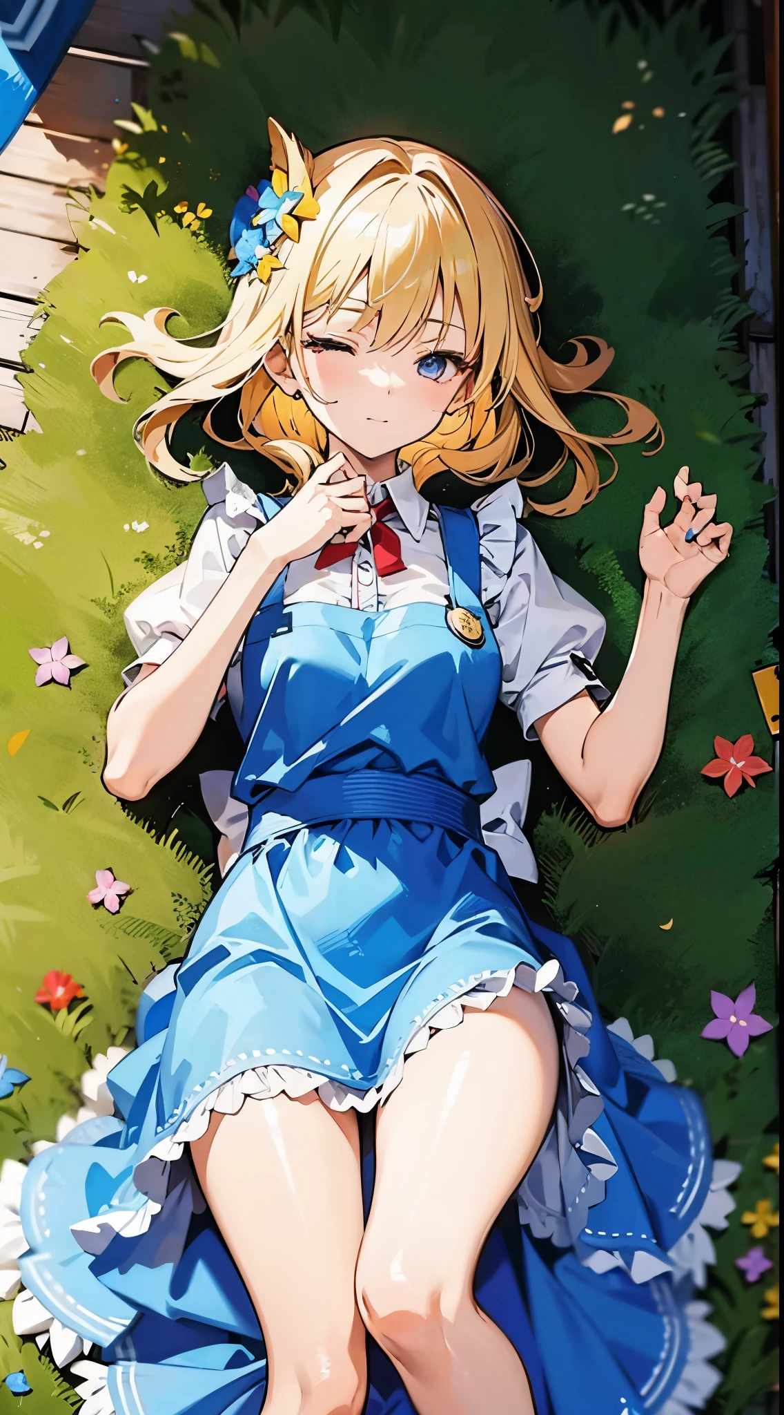 anime styled, High definition illustration, Perfect drawing, Draw anatomically correctly, alice in the wonderland, In the forest where the bright sun shines, beautiful blonde girl lying on the ground, ((seminude:1.5)), A short, light blue dress with a simple design and frills., Layering a white apron,The girl is sleeping with a happy expression, The girl's apron and skirt are turned up and her panties are visible., Red headband