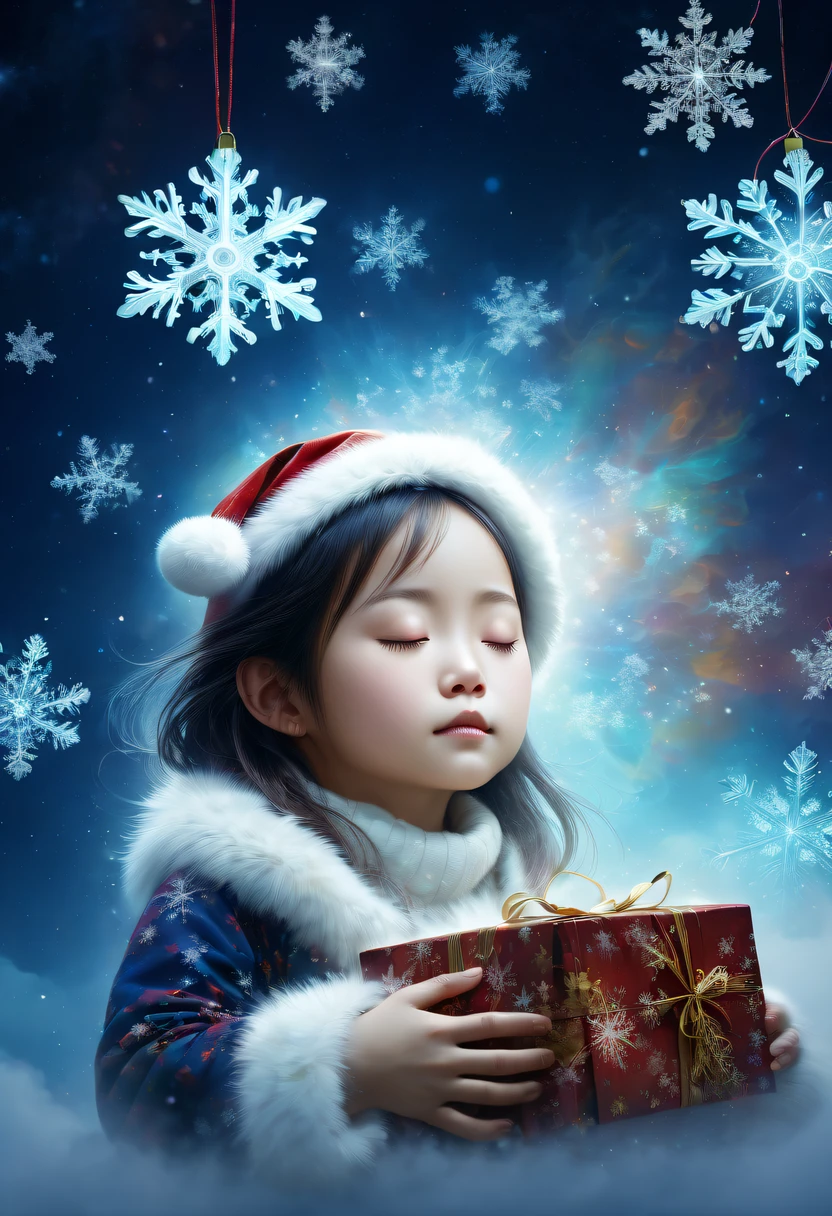 christmas,Gamine'Her face appeared above the colorful clouds,(multiple exposure:1.5),nigh sky,dream,(Christmas gifts:1.2),Gamine'face asleep,(Christmas tree:1.2),(Big snowflakes:1.3),五颜六色的Big snowflakes飞舞着,Colorful clouds,nigh sky中闪烁的星星,Overlapping clouds and fog,Exquisite gift box,异想天开的奇幻圣诞dream,Beautiful Art Ultra HD 8K, 8K highly detailed digital art, beautiful detailed fantasy, 史诗般的奇幻christmas, 神秘又dream幻的christmas, Magic fantasy is very detailed, miraculous huge breasts, detailed fantasy digital art, 8K detailed digital art