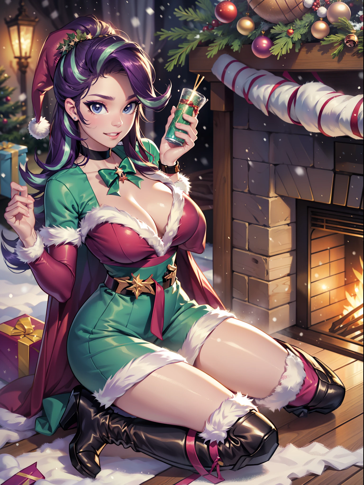 Starlight Glimmer, Starlight Glimmer из мой маленький пони, big breastes, Lush breasts, Volumetric breasts, exuberant hair, hairlong, New Year, Christmas, santa costume, sexy, New Year's Eve Outfit, in full height, New Year's boots, women's boots, super quality, Very detailed, snowing, Christmas tree, Garland