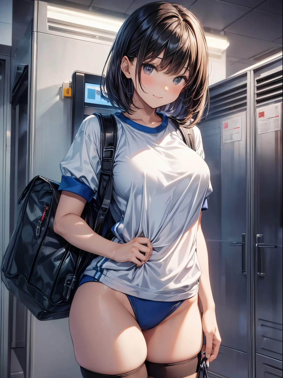 top-quality、Full limbs、complete fingers、Slender beauty、1人の女性、Woman with dark hair、Women with straight hair、Shorthair woman、Beautiful busty woman、((White short-sleeved gym uniform that covers the upper body))、((Dark blue high-leg bloomers))、sexypose、A big smile、Women's locker room