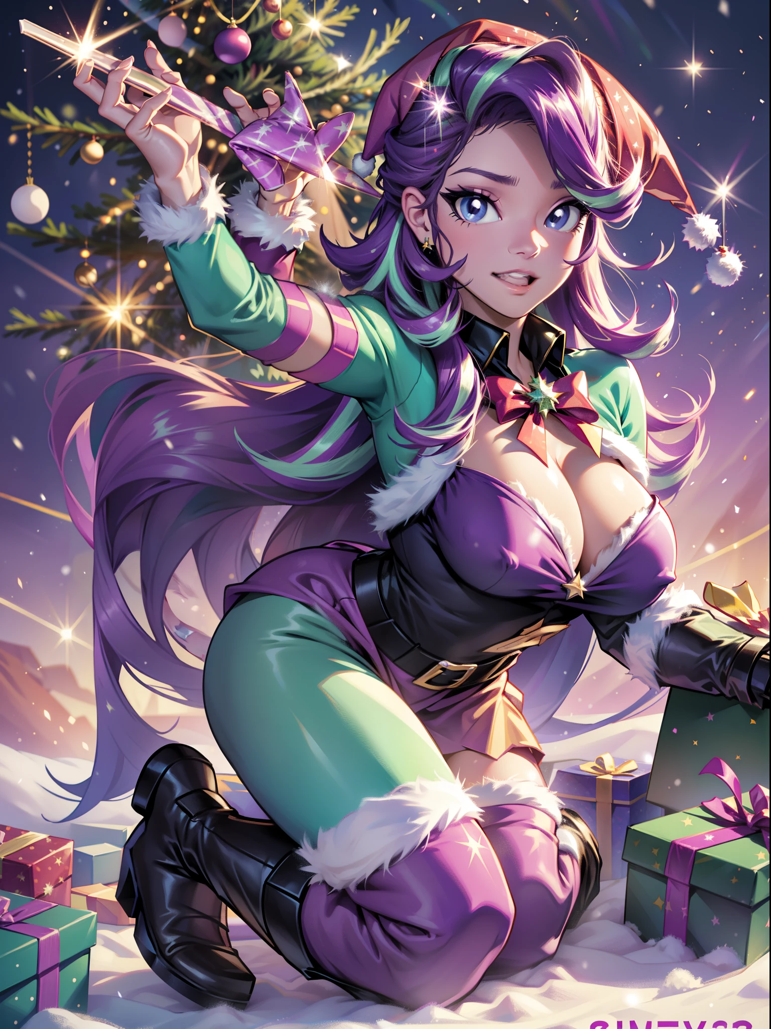Starlight Glimmer, Starlight Glimmer из мой маленький пони, big breastes, Lush breasts, Volumetric breasts, exuberant hair, hairlong, New Year, Christmas, santa costume, sexy, New Year's Eve Outfit, in full height, New Year's boots, women's boots, super quality, Very detailed, snowing, Christmas tree, Garland