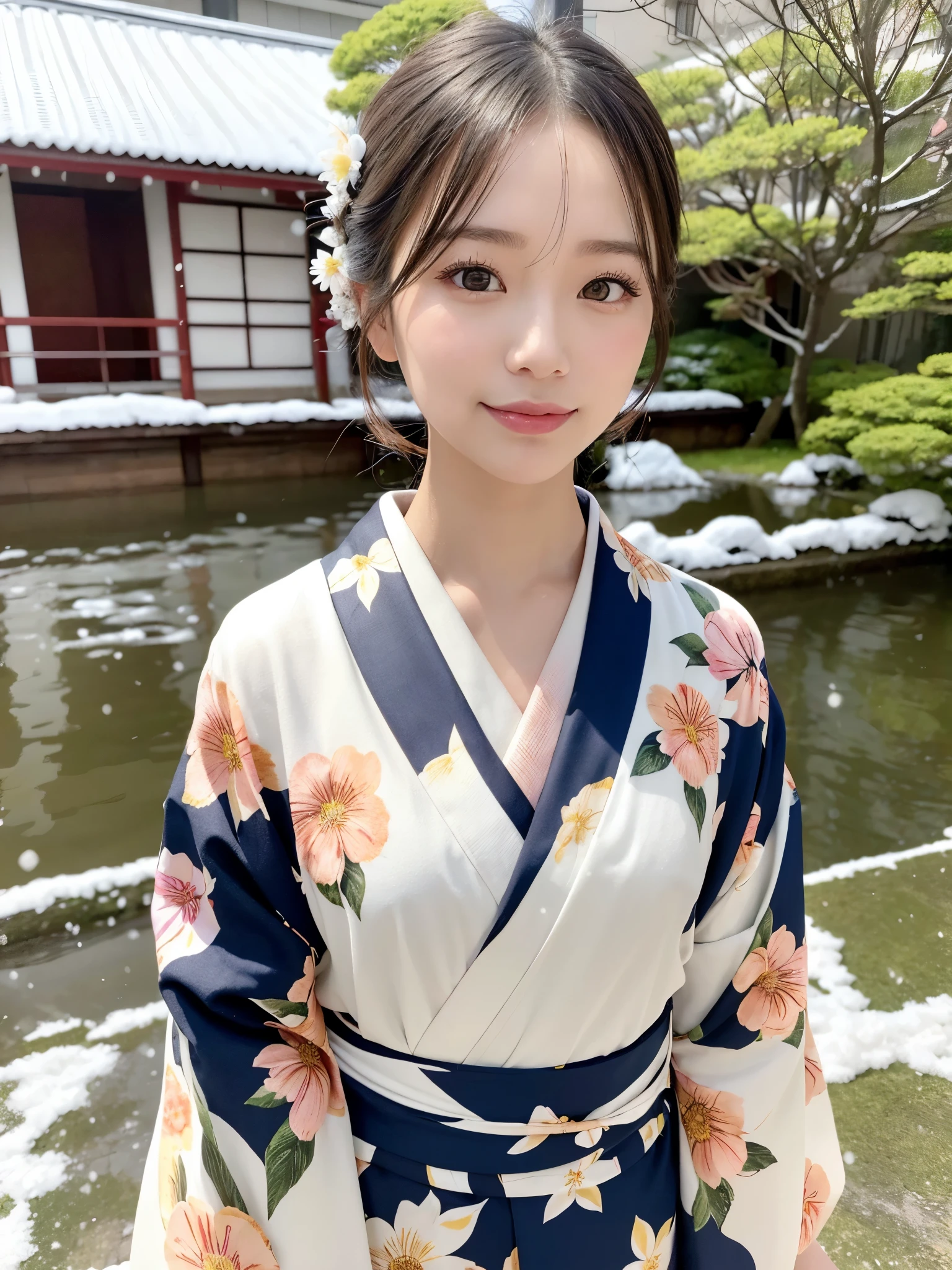 (floral printed Kimono: 1.2), ((of the highest quality, 8K, masutepiece: 1.3, Raw photo)), Sharp Focus: 1.2, (1 AESPA Girl :1.1), SOLO, (Realistic, Photorealistic: 1.37), (Face Focus: 1.1), Cute face, hyperdetailed face, (updo: 1.2), (Falling snow:1.2), (Hair swaying in the wind:1), (Light reflecting snow:1.3), Japanese theme, Washi background, Filming in the Japan Garden, Beautiful Japanese makeup, A beautiful woman that symbolizes Japan culture, full body