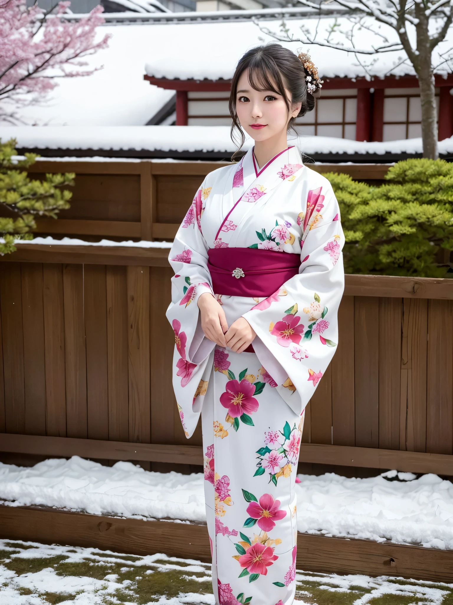 (floral printed Kimono: 1.2), ((of the highest quality, 8K, masutepiece: 1.3, Raw photo)), Sharp Focus: 1.2, (1 AESPA Girl :1.1), SOLO, (Realistic, Photorealistic: 1.37), (Face Focus: 1.1), Cute face, hyperdetailed face, (updo: 1.2), (Falling snow:1.2), (Hair swaying in the wind:1), (Light reflecting snow:1.3), Japanese theme, Washi background, Filming in the Japan Garden, Beautiful Japanese makeup, A beautiful woman that symbolizes Japan culture, full body