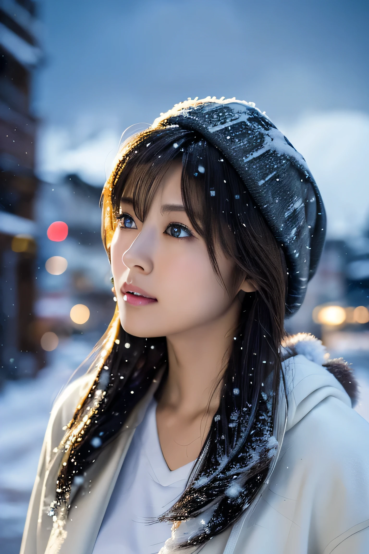 (masutepiece:1.2), ultra-detailliert, 超A high resolution, (Realistic, photo Realistic:1.37), high-definition RAW color photography, professional photograpy, extra detailed face, extremely detailed eye, highlydetailed skin, extremely detailed fingers, highly detailed nose, highly detail mouth, Perfect Anatomy, Highly detailed background, (a famous actress of Japan:1.2), (gals:1.3), (flat chest), Brown race, Dark skin, Very short cut hair, shadowy, hair messy, Full body, padded jacket, White hoodie, during night, dark street view, snow in my hair, (Snow in the sky:1.6), Background in the city, Hoodie on the head, Cinematic lighting, Denim pants,