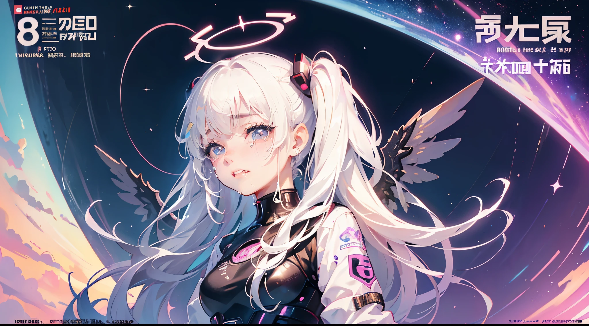 hair bobbles, wince, long eyelashes, solid circle eyes, light smile, ear blush, fang, (white hair), makeup, blush, sad, sad smile, drop shadow, anaglyph, atmospheric perspective, 8k, super detail, accurate, best quality, (cyberpunk), cinematic lighting, masterpiece,1girll, short twintails, Colorful hair, flying, pink bows,((-yeld fee model)),( Stand Neck long sleeve black jacket), mecha, ((dress)), (aquarium), (angel halo), ( wings), (magazine cover), the background is sunrise with planets and shooting stars, aurora, beautiful sky, space view, (wide shot), ((((text)))), (cover), bold, attention-grabbing, ((title)), stylish, (((font))), panorama, eye level shot, tile from below, title from side, title in middle, ((((magazine cover layout)))), (((princess costume)))