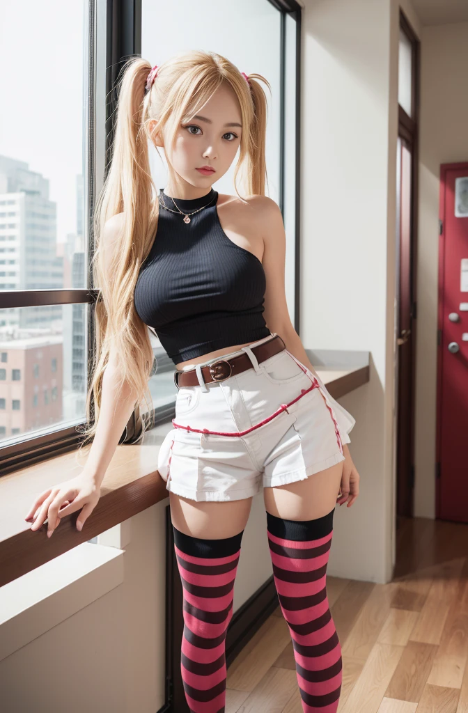 (8K、Raw photography、top-quality、masterpiece:1.2),Bullish,Muchimuchi,Erotic,masterpiece,top-quality、超A high resolution,Raw photo,ren,Beautiful fece,One Person, 独奏,blonde_hair, blue eyes, twintails, very_long_hair, hair_ornament red, hair_scrunchie red, big_breasts,akizuki airi, blonde_hair, blue eyes, twintails, very_long_hair, hair_ornament red, hair_scrunchie red, big_breasts, white and red tank top, bare_shoulders, blue jeans shorts, belt red, fullllbody,hi-school girl,is standing,(Photorealsitic:1.37)、Photon mapping,Realistic、Cute little face、Radio City、Physically Based Rendering、Foreground、depth of fields、Blurry background、a picture,The girls、Body,beauty legs, Long legs, Thin leg, beautiful woman wearing stripedsocks, ((black and pink striped) thigh high socks),