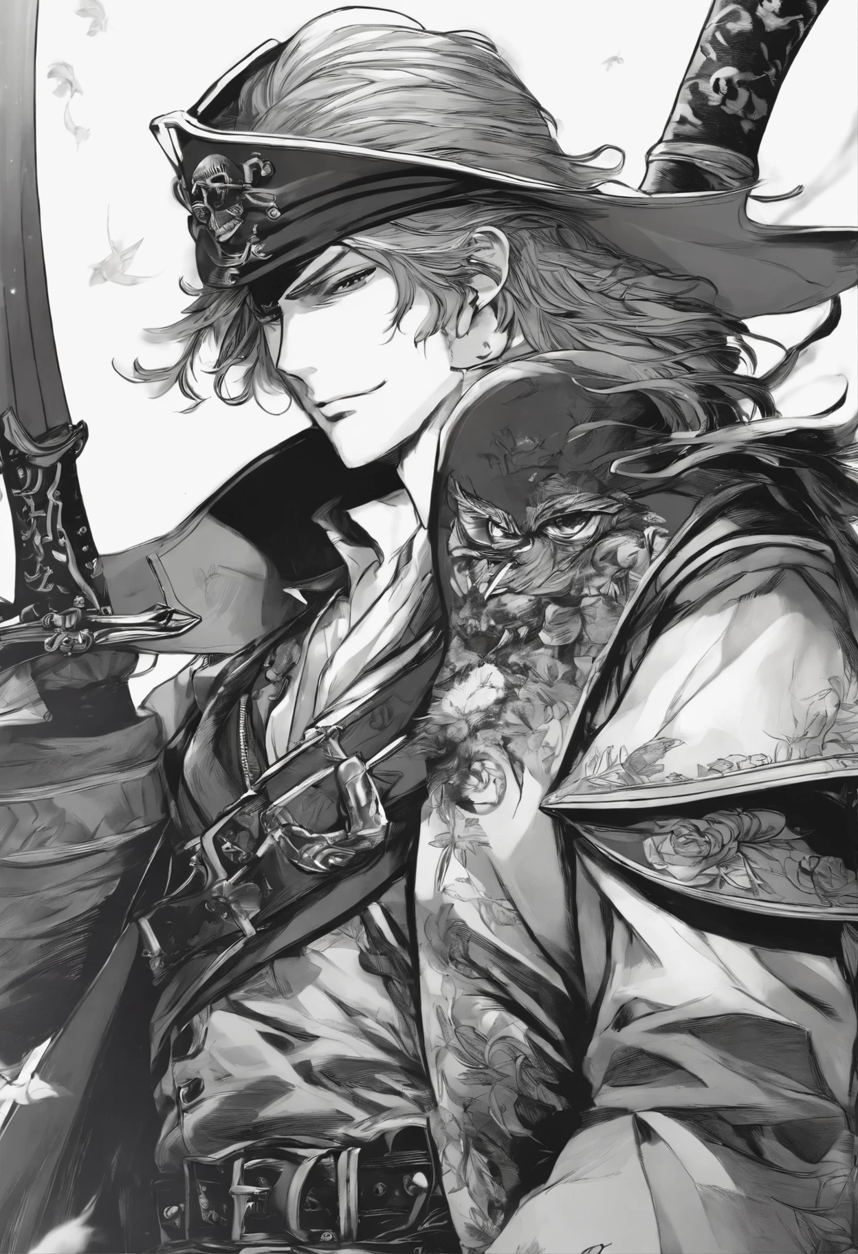 Anime character, style anime, Close-up of a person (a pirate) with an owl on his shoulder, Король a pirateов, Masamune shiro, a pirateский капитан, key anime art, shigenori soejima illustration, inspired by Okumura Masanobu, detailed key anime art, Masamune, shirow Masamune, a pirate класса Swashbuckler, a pirate, Портрет a pirateа