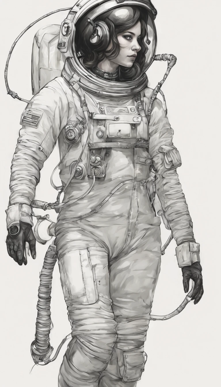 Desenho, tatuagem, preto e branco, astronauta feminina com traje sexy, magra, corpo bonito, linda, detalhada, sentada, sexy, pernas abertas, seios pequenos e bem destacados, vagina, sorriso fofo.