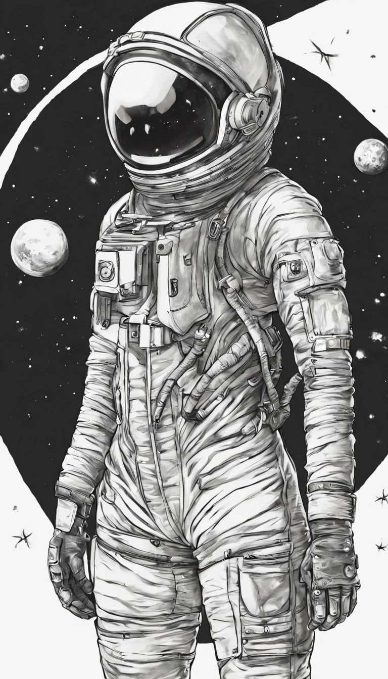 Desenho, tatuagem, preto e branco, astronauta feminina com traje sexy, magra, corpo bonito, linda, detalhada, sentada, sexy, pernas abertas, seios pequenos e bem destacados, vagina, sorriso fofo.