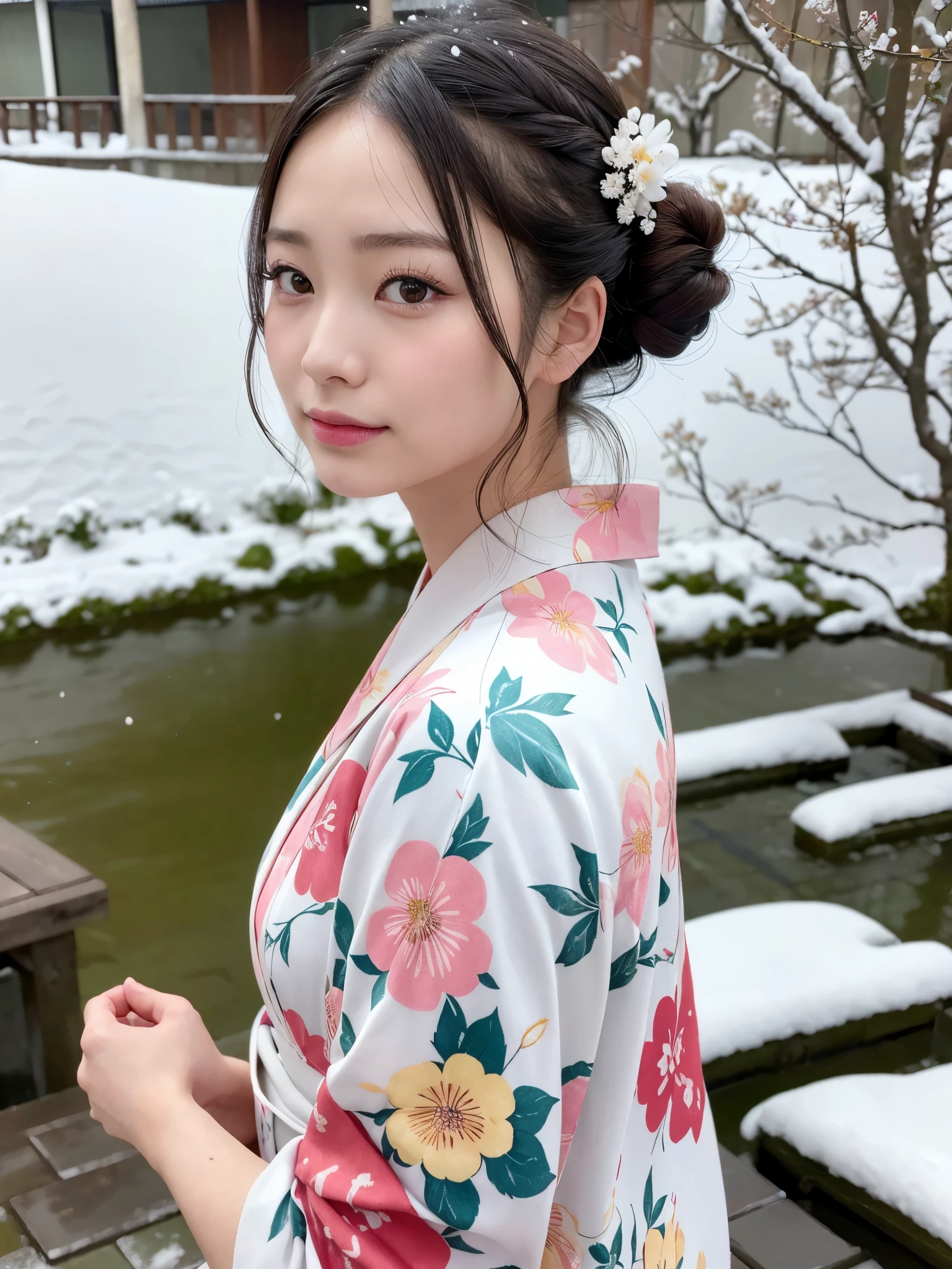 (floral printed Kimono: 1.2), ((of the highest quality, 8K, masutepiece: 1.3, Raw photo)), Sharp Focus: 1.2, (1 AESPA Girl :1.1), SOLO, (Realistic, Photorealistic: 1.37), (Face Focus: 1.1), Cute face, hyperdetailed face, (updo: 1.2), (Falling snow:1.2), (Hair swaying in the wind:1), (Light reflecting snow:1.3), Japanese theme, Washi background, Filming in the Japan Garden, Beautiful Japanese makeup, A beautiful woman that symbolizes Japan culture, from behind