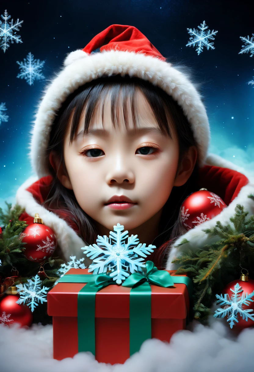 christmas，Gamine&#39;Her face appeared above the colorful clouds，(multiple exposure:1.5),nigh sky，dream，(Christmas gifts:1.2)，Gamine&#39;face asleep，(Christmas tree:1.2)，(Big snowflakes:1.3)，五颜六色的Big snowflakes飞舞着，Colorful clouds，nigh sky中闪烁的星星，Overlapping clouds and fog，Exquisite gift box，异想天开的奇幻圣诞dream，Beautiful Art Ultra HD 8K, 8K highly detailed digital art, beautiful detailed fantasy, 史诗般的奇幻christmas, 神秘又dream幻的christmas, Magic fantasy is very detailed, miraculous huge breasts, detailed fantasy digital art, 8K detailed digital art