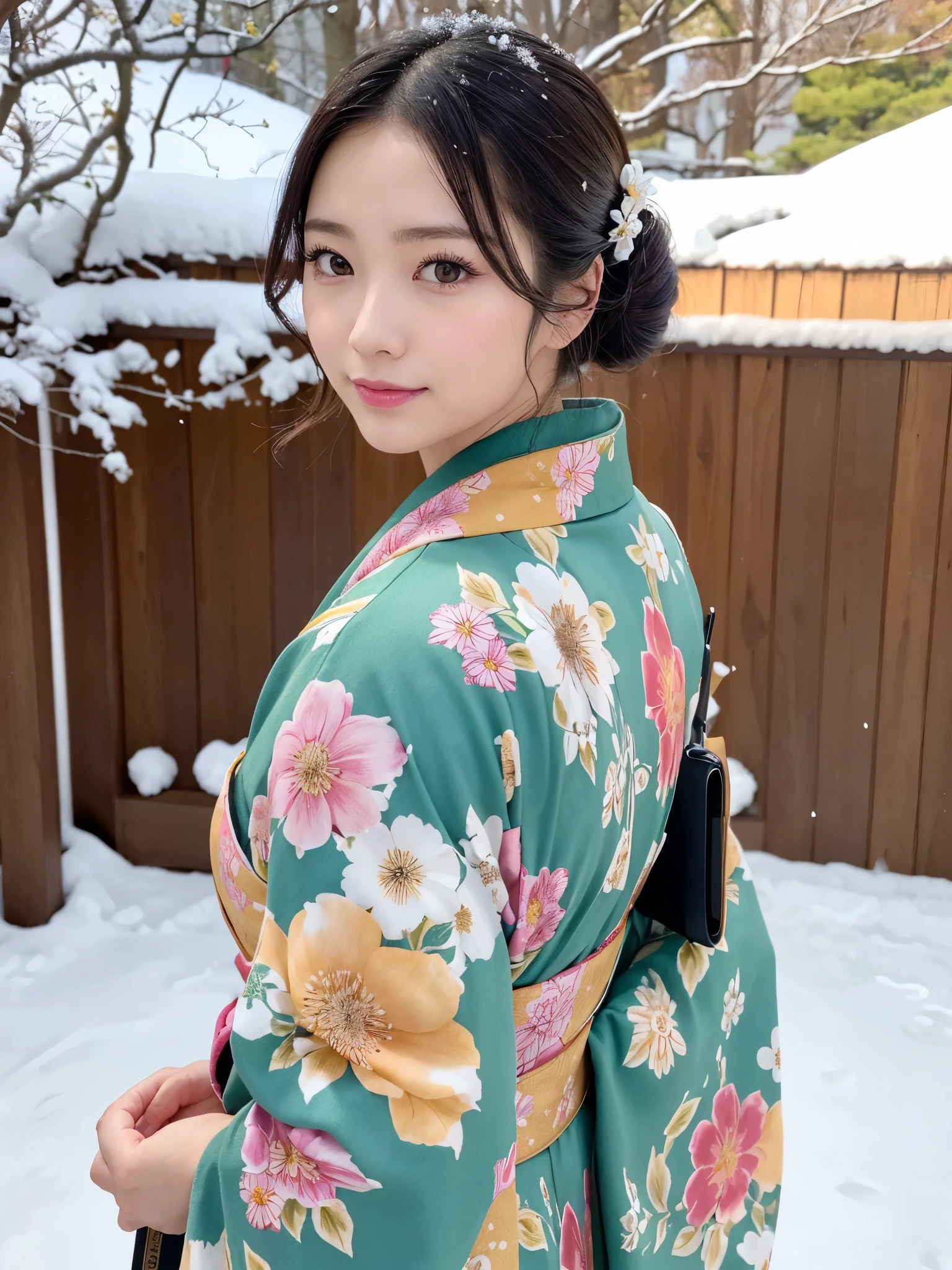(floral printed Kimono: 1.2), ((of the highest quality, 8K, masutepiece: 1.3, Raw photo)), Sharp Focus: 1.2, (1 AESPA Girl :1.1), SOLO, (Realistic, Photorealistic: 1.37), (Face Focus: 1.1), Cute face, hyperdetailed face, (updo: 1.2), (Falling snow:1.2), (Hair swaying in the wind:1), (Light reflecting snow:1.3), Japanese theme, Washi background, Filming in the Japan Garden, Beautiful Japanese makeup, A beautiful woman that symbolizes Japan culture, from behind