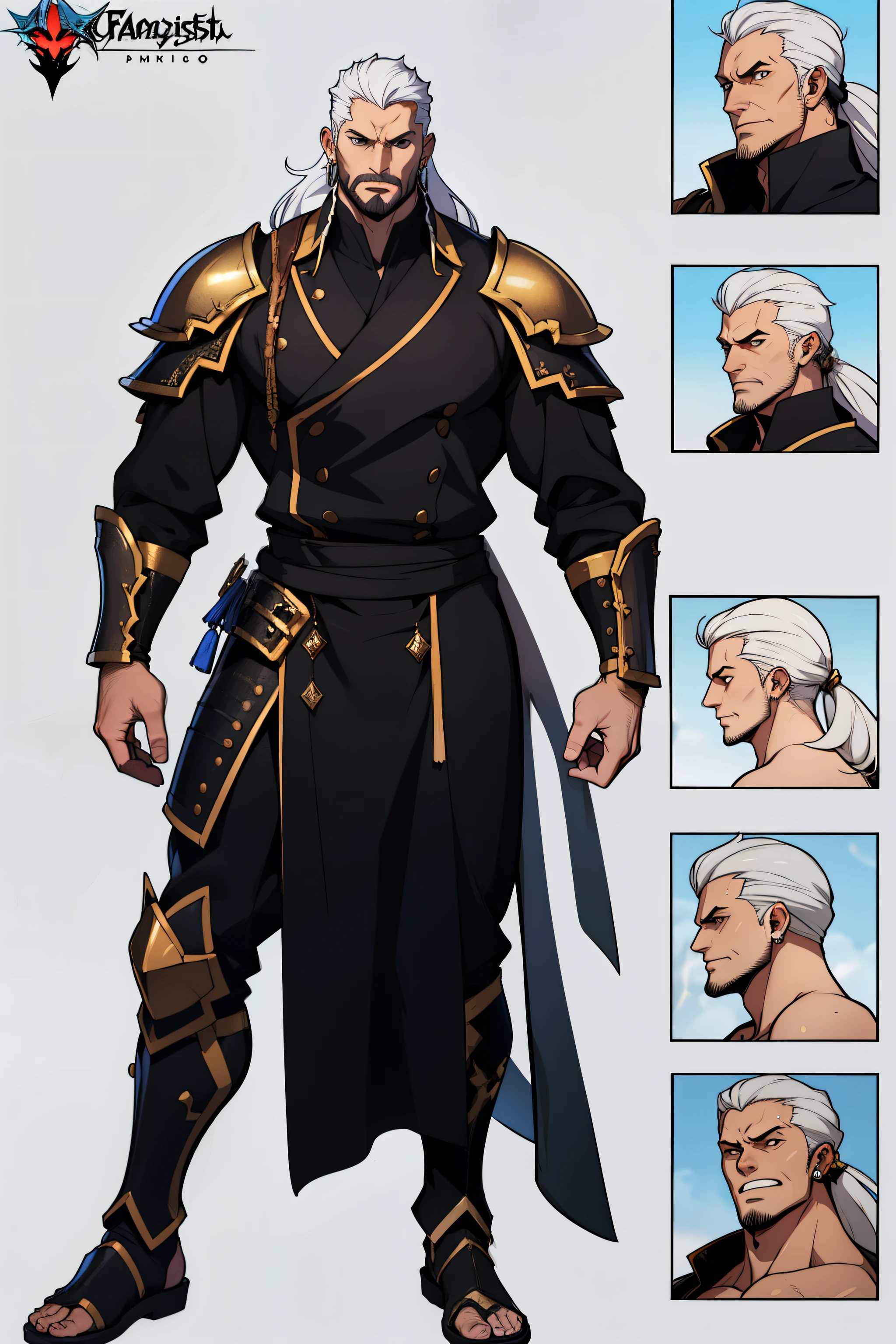 dark skin man, male, black eyes, white hair, long hair, anime style, 4k image, full body, holographic background, Character sheet, Handsome male. Perfect face, 6 ft 5 tall middle aged man. White hair. Long hair. Grey eyes. Beard. Eyepatch. Earrings. Toned body. Muscular male, character design sheet，full bodyesbian, Full of details, body front view, body back view,  Full body, muscle body, knight armour Fantasy clothes, ((Masterpiece, Highest quality)), Detailed face, character design sheet， full bodyesbian, Full of details, frontal body view, back body view, Highly detailed, Depth