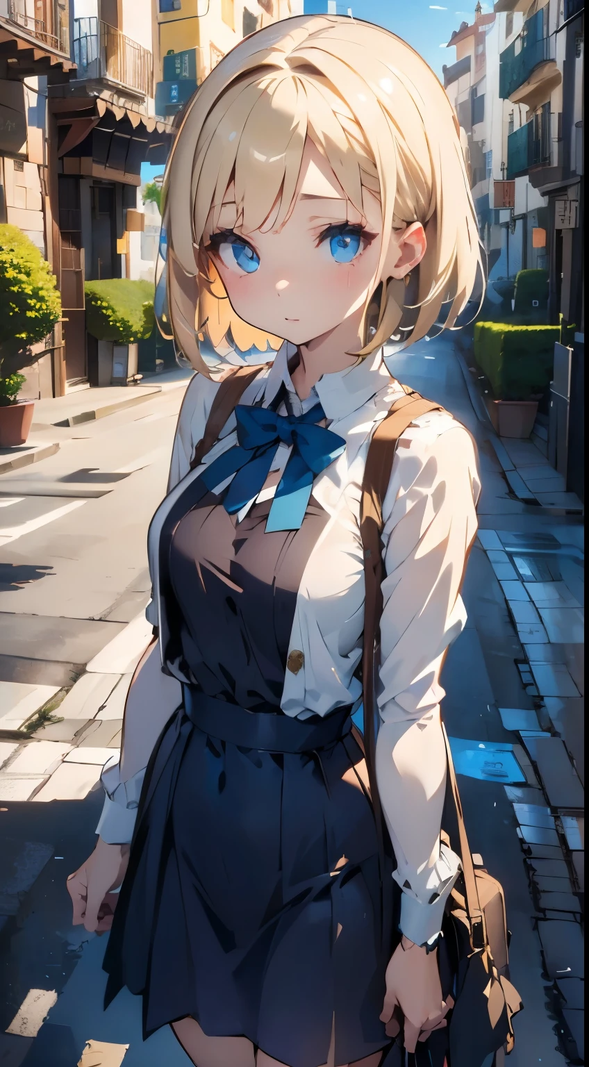 Very small breasts、parfect anatomy、One lady、cute  face、ash blonde、a short bob、open vest、I can see my、boob focused、nudde、This is a hidden breast flick with no breasts.、Open chest、Clothing that shows your chest as much as possible、I can see my、Clothes with less fabric、plein air、the street、Streets in Spain、Gaudí architecture、ultra-detailliert、High quality detailing、Out-of-spec