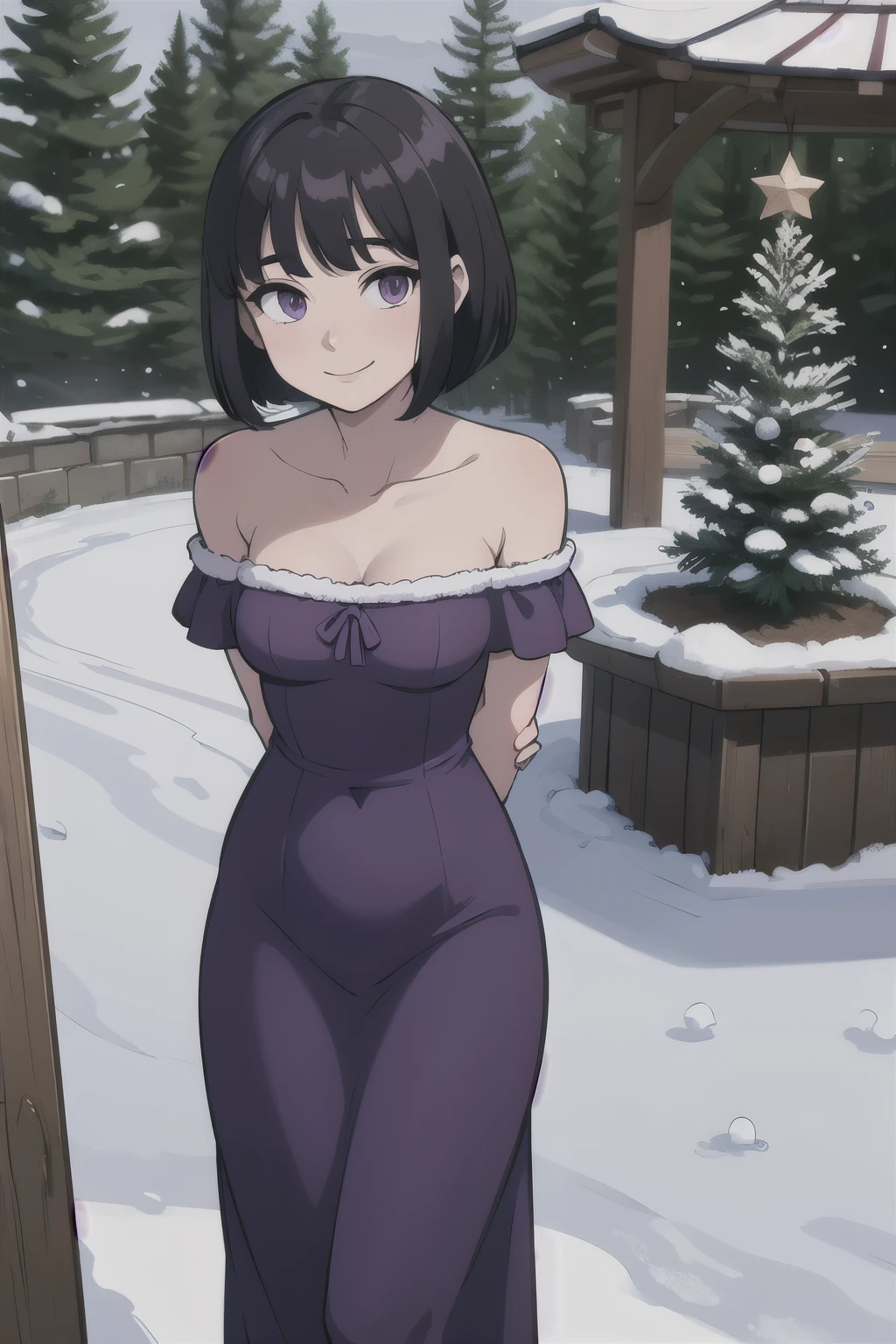 Best quality, masterpiece, ager, Hotaru Tomoe, Short Hair, Black Hair, Bob Hair, Bob Haircut, Purple Eyes, Smile, Bare Neck, Bare Arms, Bare Shoulders, Purple Dress, Strapless Purple Dress, Lace Off-shoulder top, Ruffle Off-the-Shoulder Top, Maxi Dress, Outside the Mansion, Looking at You, daytime, garden background, inside the gazebo, snow on the ground, Christmas Tree, standing up, arms behind back, (winter:1.2), pov