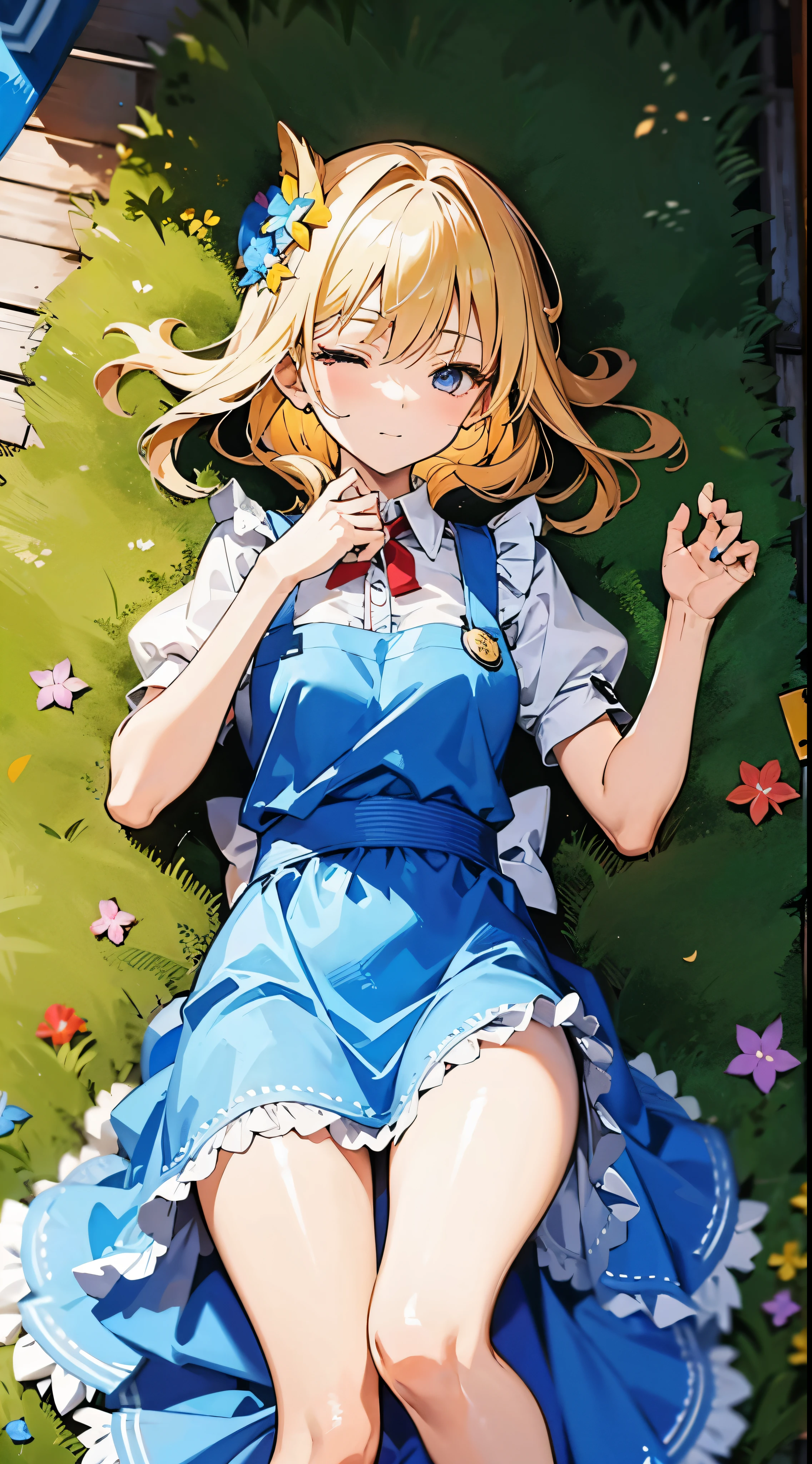 anime styled, High definition illustration, Perfect drawing, Anatomically accurate drawing, alice in the wonderland, In a forest bathed in bright sunlight, beautiful blonde girl lying on the ground, ((seminude:1.5)), Curta, A light blue dress with a simple design and frills., Layering a white apron,The Girl is sleeping with a happy expression, The Girl'The apron and skirt are turned up and the pants are visible.., Red headband