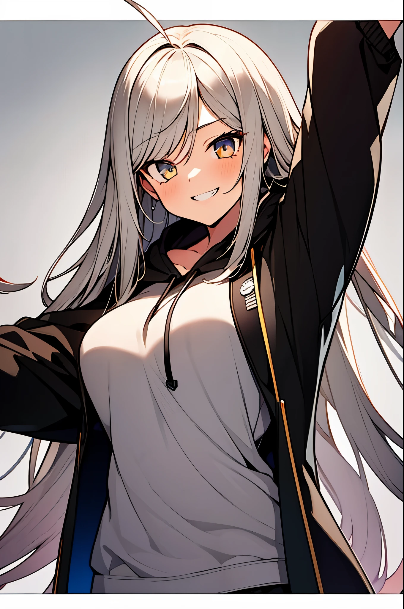 1girl, {solo}, upper body ,{{ {looking at viewer}}}, arm at side, concept art, white background, simple background, white hair, silver gradiient hair , complex cloth, asymmetrical clothes, virtual youtuber, best quality, masterpiece, dynamic angle, type moon style, type moon style, type moon style, cowboy_shot, looking_back, grabbing, girl,woman,female, young,20 years old, very long hair, flipped hair, silver hair, flowing hair, ahoge, smirk, beautiful and delicate golden eyes, teeth, medium_breasts, blonde eyes, white skin, coat, hoodie, black_shorts, grey Clothes, transparent_background, backlighting, absurdres, highres, ultra detailed,