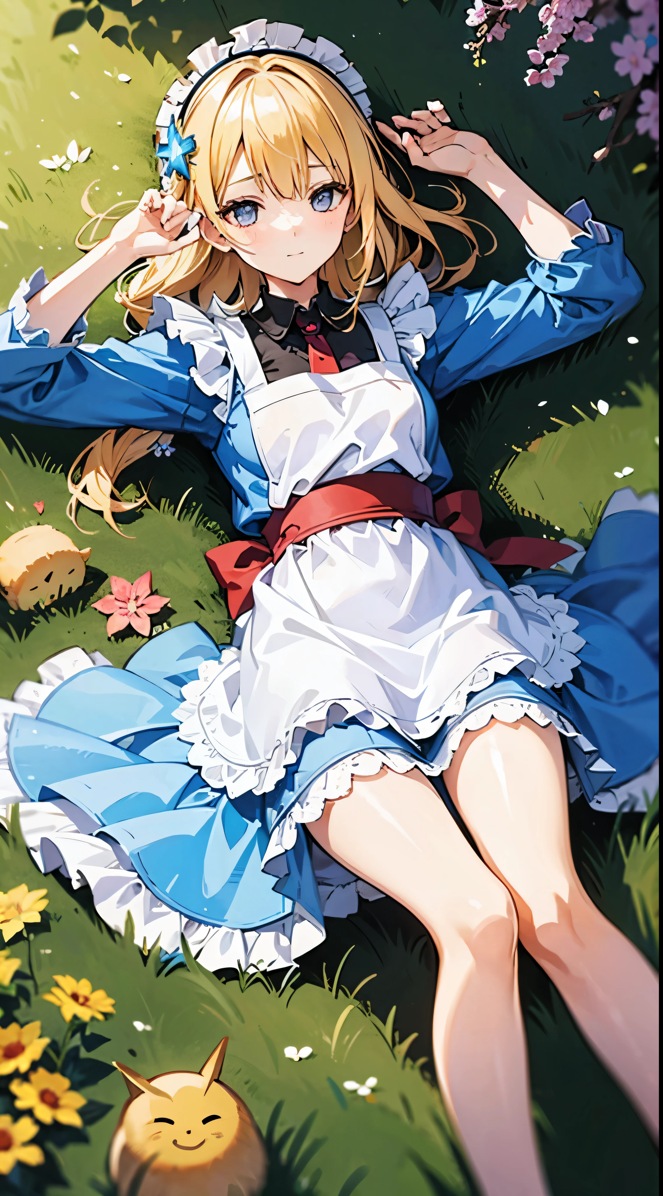anime styled, High definition illustration, Perfect drawing, Anatomically accurate drawing, alice in the wonderland, In a forest bathed in bright sunlight, beautiful blonde girl lying on the ground, ((seminude:1.5)), Curta, A light blue dress with a simple design and frills., Layering a white apron,The Girl is sleeping with a happy expression, The Girl'The apron and skirt are turned up and the pants are visible.., Red headband