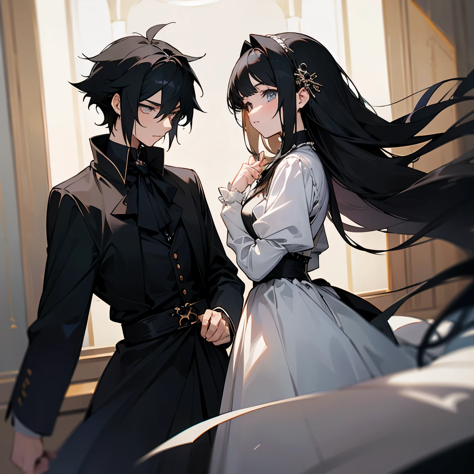 (flat color:1.1),(masterpiece:1.2), best quality, masterpiece, original, black silhouette figures of a royal man and woman