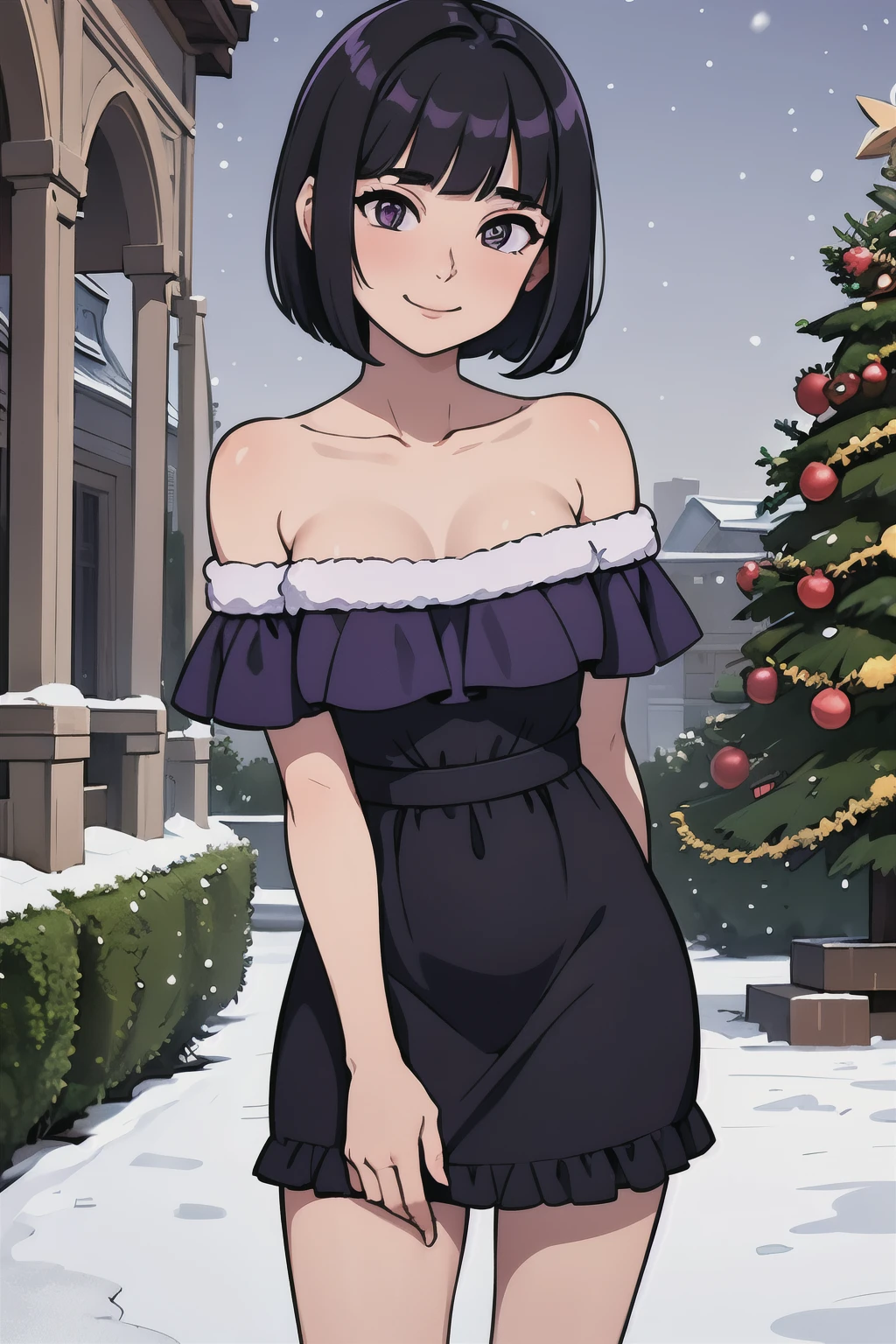 Best quality, masterpiece, r, Hotaru Tomoe, Short Hair, Black Hair, Bob Hair, Bob Haircut, Purple Eyes, Smile, Bare Neck, Bare Arms, Bare Shoulders, Purple Dress, Strapless Purple Dress, Lace Off-shoulder top, Ruffle Off-the-Shoulder Top, Maxi Dress, Outside the Mansion, Looking at You, daytime, garden background, inside the gazebo, snow on the ground, Christmas Tree, standing up, arms behind back, (winter:1.2), pov