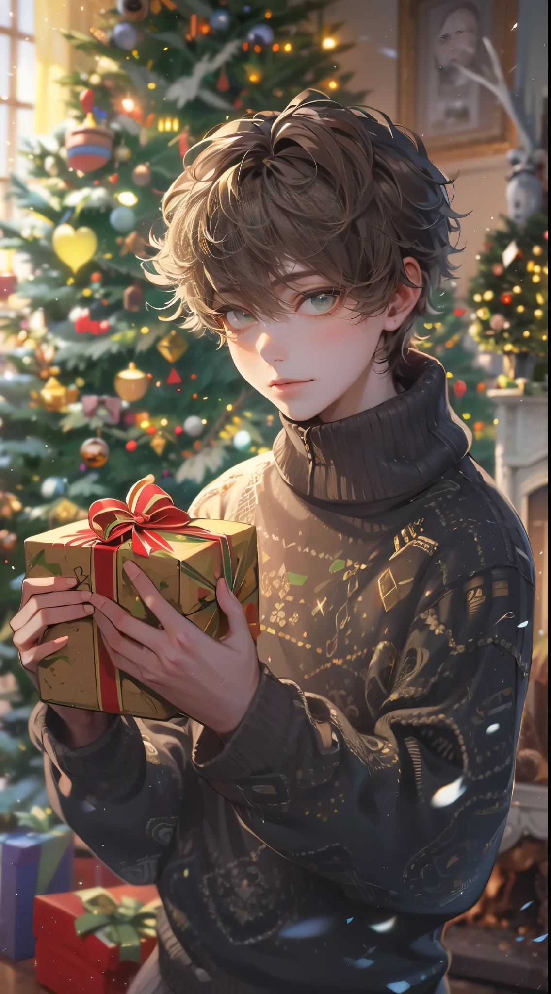 A handsome young man in a cozy, wintery setting, gently unwrapping a Christmas present. He’s wearing a stylish, warm sweater and has a look of pleasant surprise. The room around him is festively decorated with twinkling lights, a beautifully adorned Christmas tree in the background, and a soft, glowing fireplace. The present is elegantly wrapped in gold and red paper, with a big bow on top. His features include short, wavy brown hair and deep green eyes, capturing the joy and magic of the holiday season