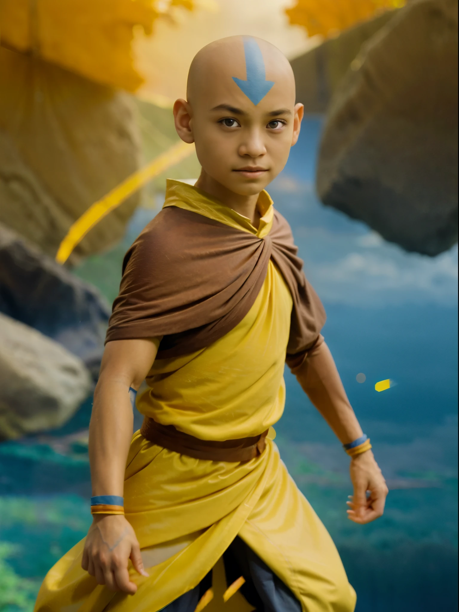 Masterpiece,realistic photo of AangAv, solo, potrait ,1 boy, Tibetan, light skin, gray eyes, bald, blue arrow, orange and yellow robes,pose ready to fight