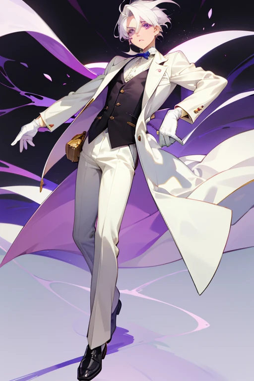 Anime boy with olive skin, purple eyes and white hair. He wear an elegant white outfit made by: Coat, waistcoat, pants, gloves and loafers.