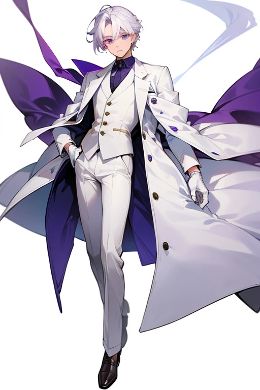 Anime boy with olive skin, purple eyes and white hair. He wear an elegant white outfit made by: Coat, waistcoat, pants, gloves and loafers.