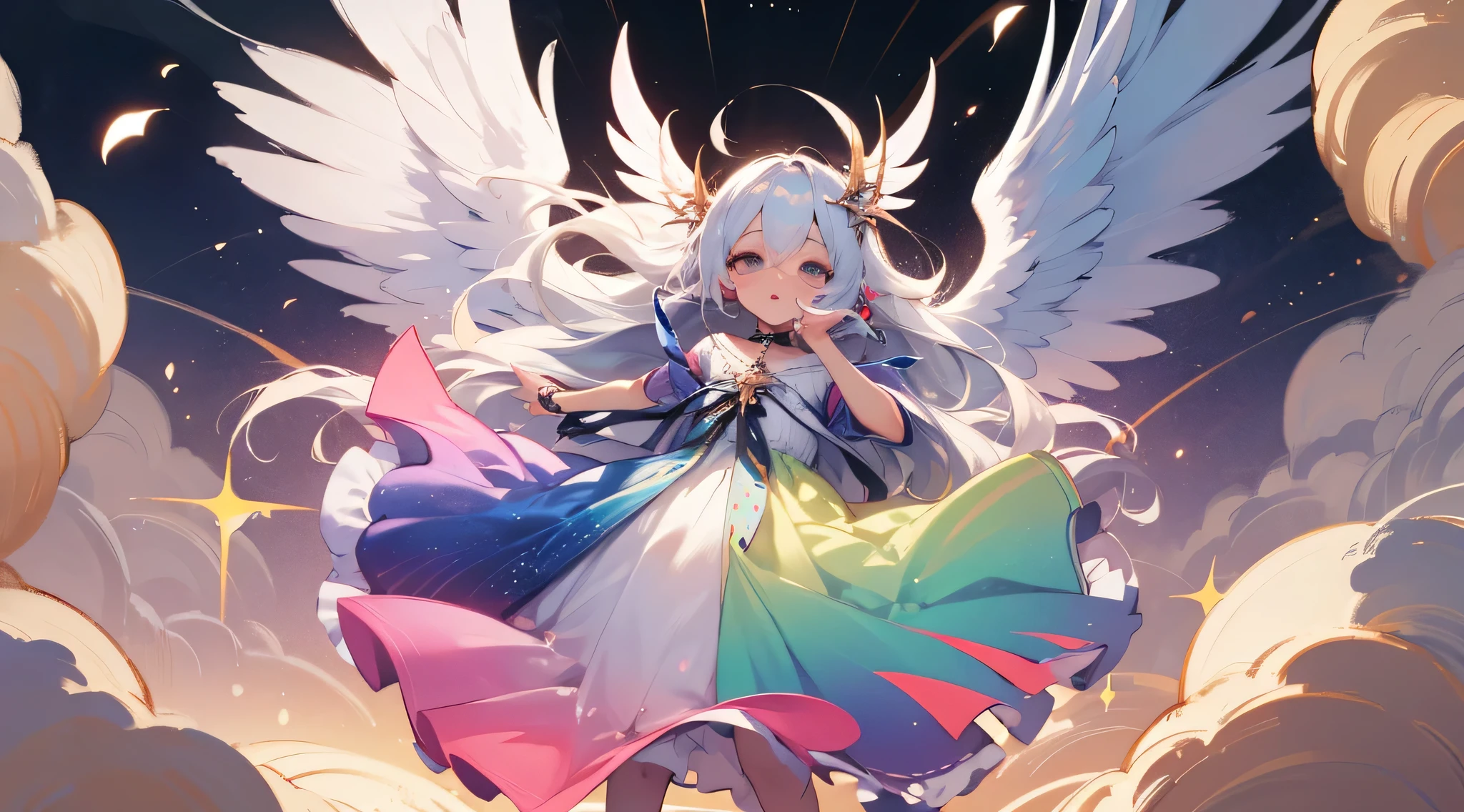 (Chibi: 1.3) (Masterpiece: 1.4), (Best Quality: 1.4), (Very Cute Angel Girl, Super Detailed Face, Jewel-like Eyes, White Very Long Hair, Colorful Gradient Hair: 1.4), (Angel Ring: 1.4), (Angel Wings: 1.4), (Full body, perfect 2 arms, perfect 2 legs: 1.4), Perfect 4 fingers: 1 thumb, light, shine, bokeh, super fine