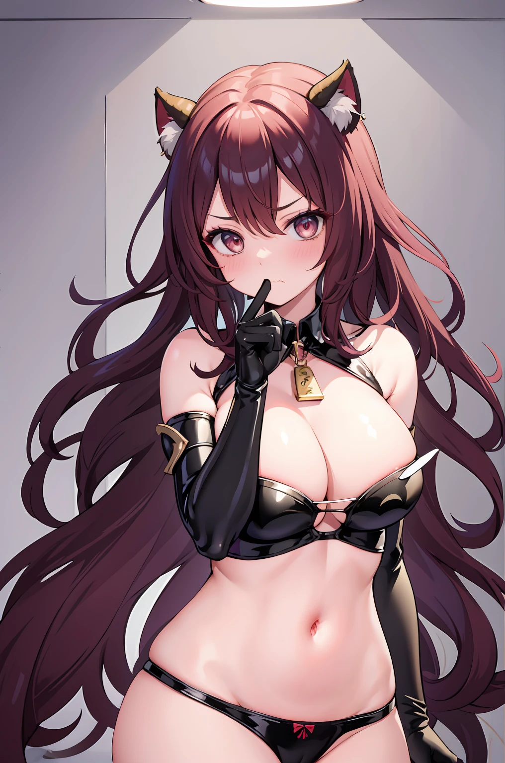 1个Giant Breast Girl,Alone,Permanent,navel,latex,bat underwear, , gloves on the elbow, underbust, Chopping, clenched hands, cow boy shot, , Be red in the face, scowling, Wavy mouth, Keep your mouth shut, Bedrooms, Cat ears, Very long hair, Put your arms by your sides,