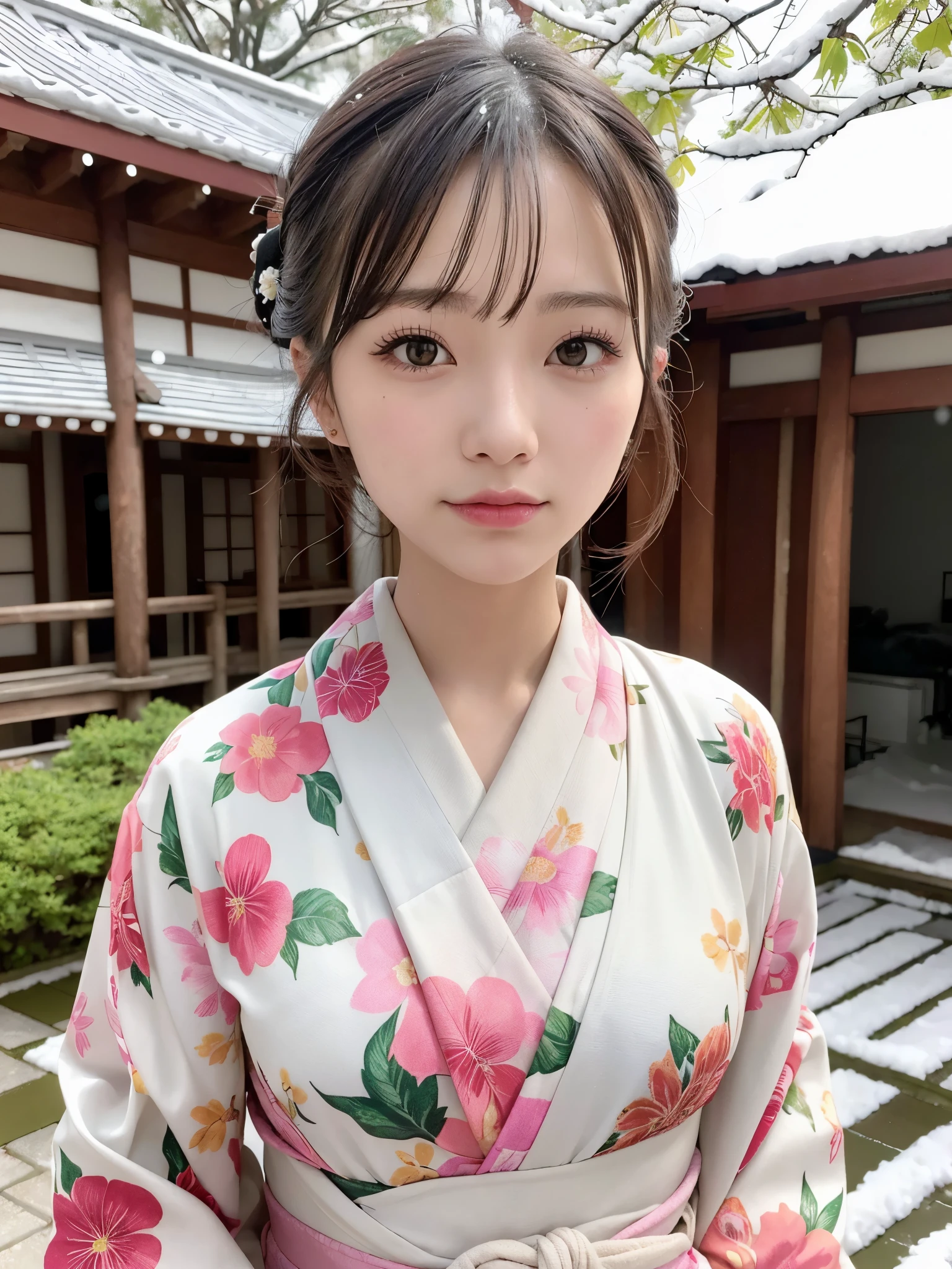 (floral printed Kimono: 1.2), ((of the highest quality, 8K, masutepiece: 1.3, Raw photo)), Sharp Focus: 1.2, (1 AESPA Girl :1.1), SOLO, (Realistic, Photorealistic: 1.37), (Face Focus: 1.1), Cute face, hyperdetailed face, (updo: 1.2), (Falling snow:1.2), (Hair swaying in the wind:1), (Light reflecting snow:1.3), Japanese theme, Washi background, Filming in the Japan Garden, Beautiful Japanese makeup, A beautiful woman that symbolizes Japan culture, from below,