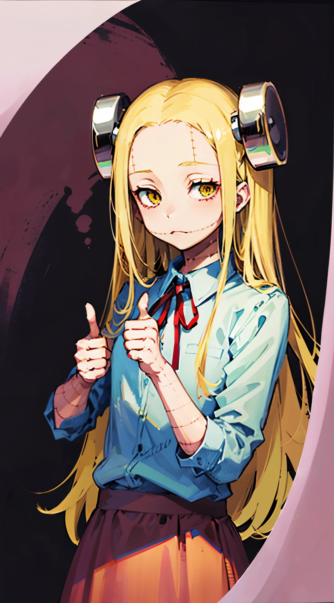 Madaraki_Fran,A girl ,stands,awkward,the madhatter ,surgeon ,wrinkles,concerned,((thumbs up)), hairlong , yellow hair,seams , Scars on the body , A creepy look , scary eyes , An intimidating look , creepy smile , bags under eyes, ((((Tired))))