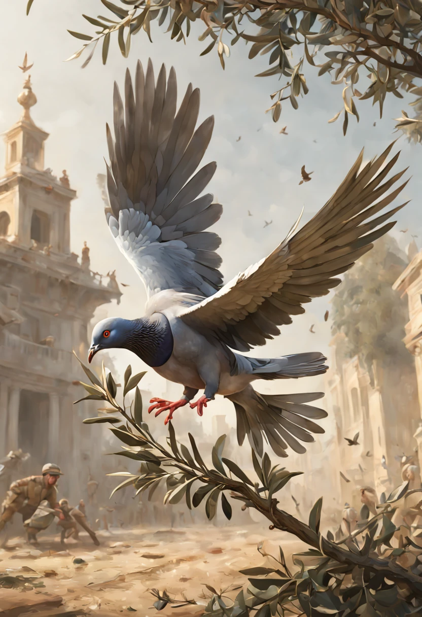 a pigeon carrying olive branch, war field, intricate, (masterpiece, Representative work, official art, Professional, unity 8k wallpaper:1.3)