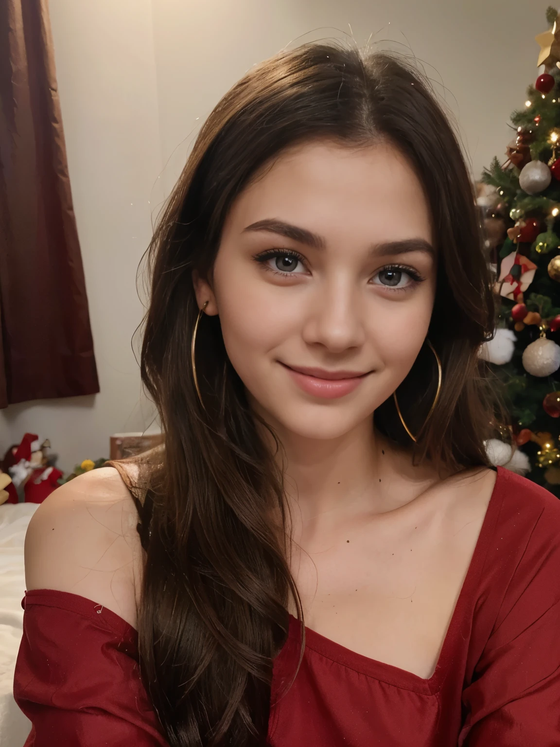 Photo of a 20 year old brunette woman, that has a very natural face, buled hair girl, thin lips, thin blue eyes, thin eyebrows, thin nose, earrings, long eyelashes. Wearing a red santa dress, Christmas tree in background and gifts, cute smile on face