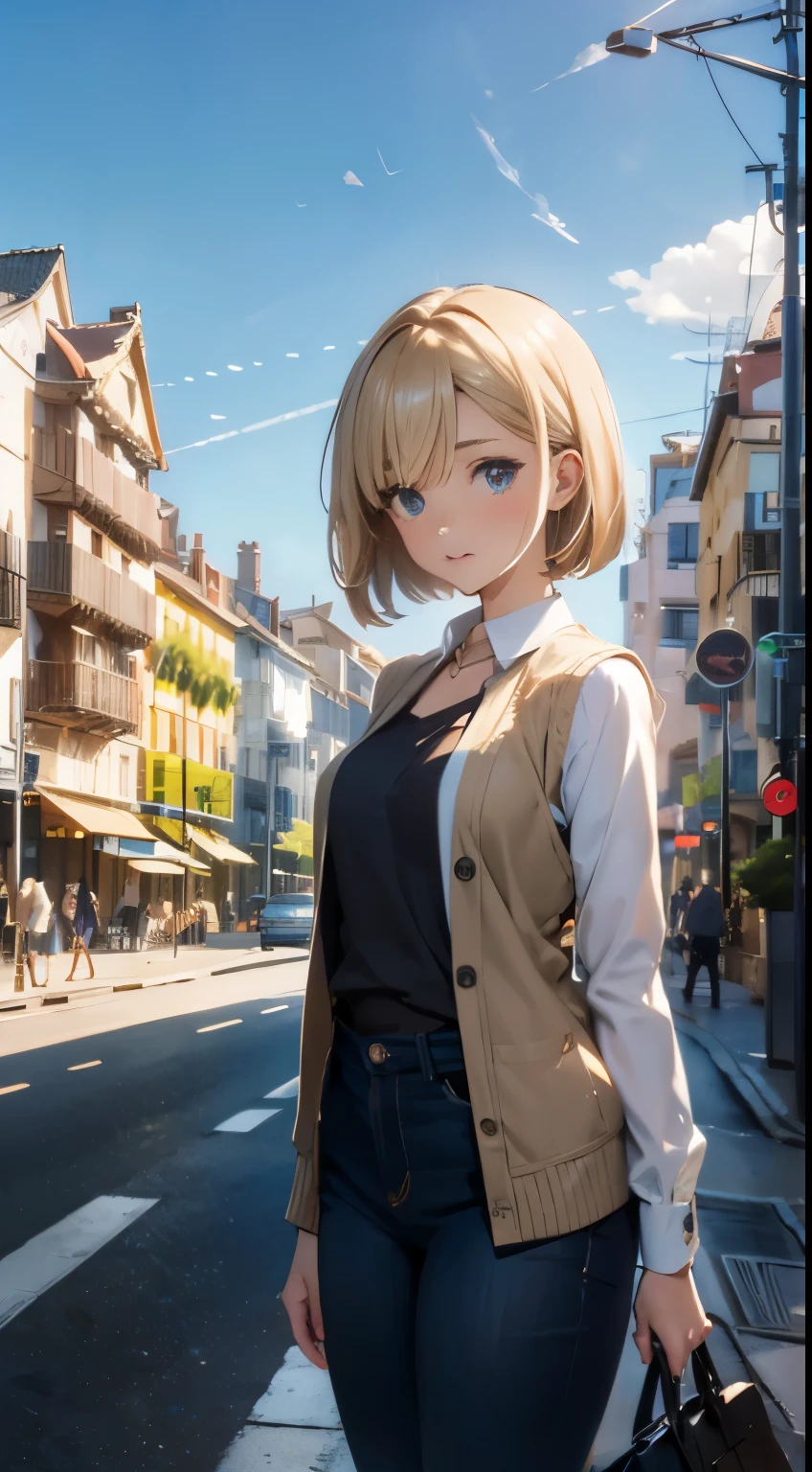 Very small breasts、parfect anatomy、One lady、cute face、ash blonde、a short bob、open vest、I can see my、boob focused、nudde、This is a hidden breast flick with no breasts.、Open chest、Clothing that shows your chest as much as possible、I can see my、Clothes with less fabric、plein air、the street、Streets in Spain、Gaudí architecture、ultra-detailliert、High quality detailing、Out-of-spec