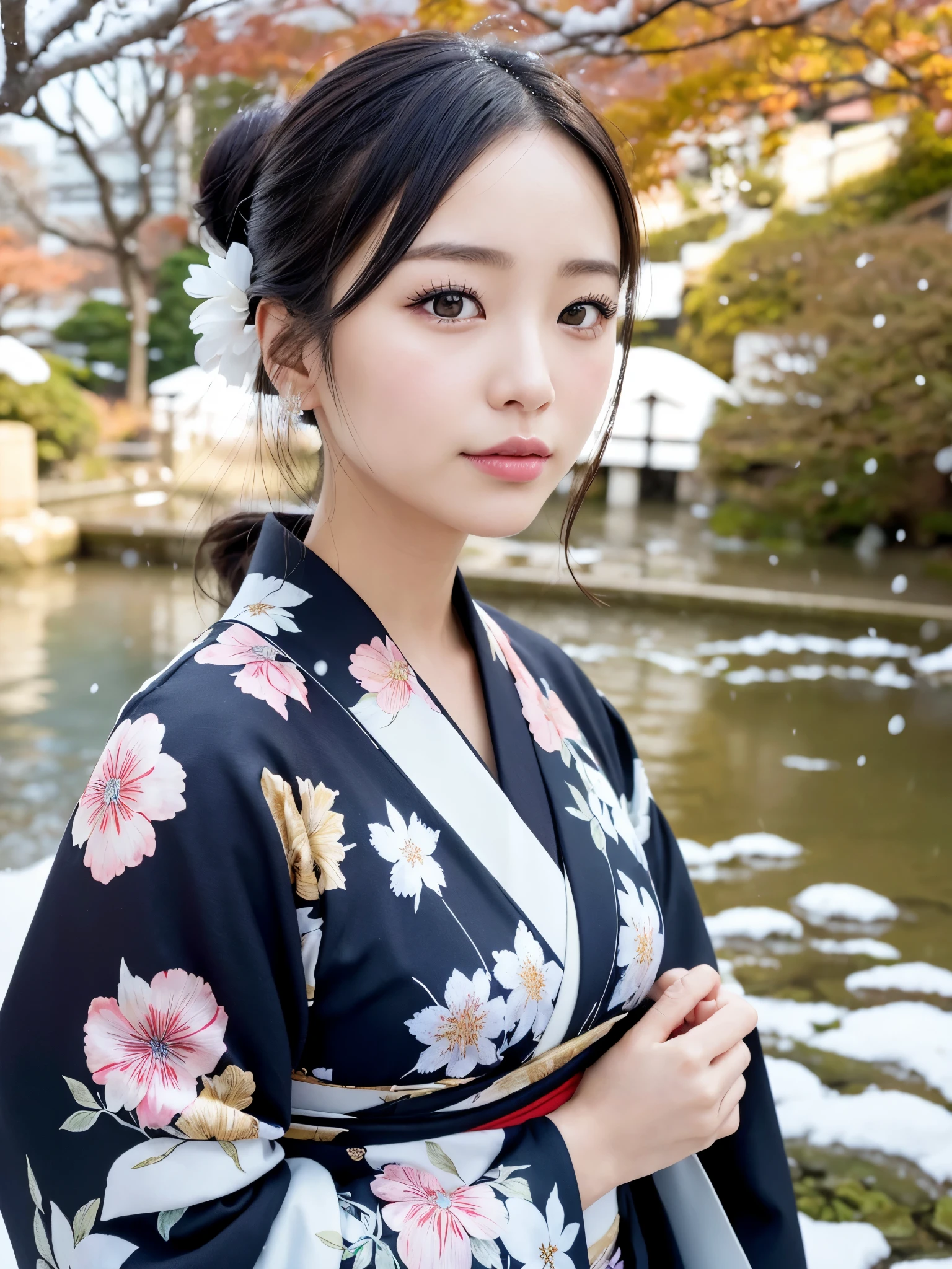 (floral printed Kimono, Obi: 1.2), ((of the highest quality, 8K, masutepiece: 1.3, Raw photo)), Sharp Focus: 1.2, (1 AESPA Girl :1.1), SOLO, (Realistic, Photorealistic: 1.37), (Face Focus: 1.1), Cute face, hyperdetailed face, (updo: 1.2), (Falling snow:1.2), (Hair swaying in the wind:1), (Light reflecting snow:1.3), Japanese theme, Washi background, Filming in the Japan Garden, Beautiful Japanese makeup, A beautiful woman that symbolizes Japan culture, from below,