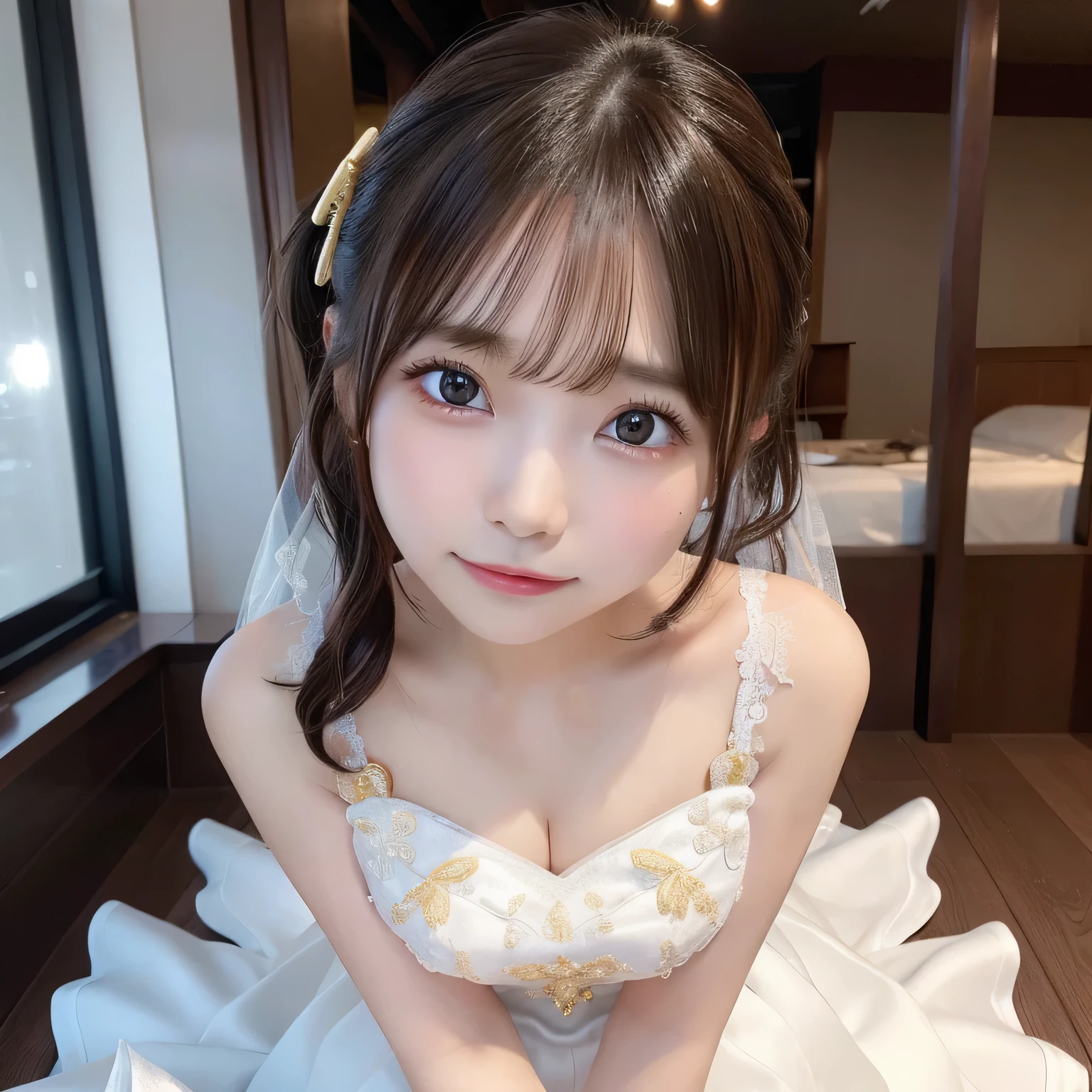 (masutepiece: 1.3), (max resolution: 1.2), (Ultra HDTV: 1.2), cinematric light, 8K resolution, Detailed eyes and skin, detailed facial features long hair、Shorthair, Twin tail)，（Wedding Dresses：1.2），（long  skirt：1.2）， (超A high resolution): 1.0) Pure White Prom Dresses，Luxurious dresses、Highly detailed face and eyes, (Photorealistic: 1.2)，ultra wide-angle, depth of fields, ultra-detailliert, beautifully color-coded, insanely detaileda, Intricate details, Beautifully color graded、wedding hall、beautiful ilumination、White and gold decoration、place of celebration、Happy atmosphere、nogizaka、Beautiful black eyes:1.３、-yeld sc keep my hair up and short、a baby face、Blurreund、Large venue、Hands on knees