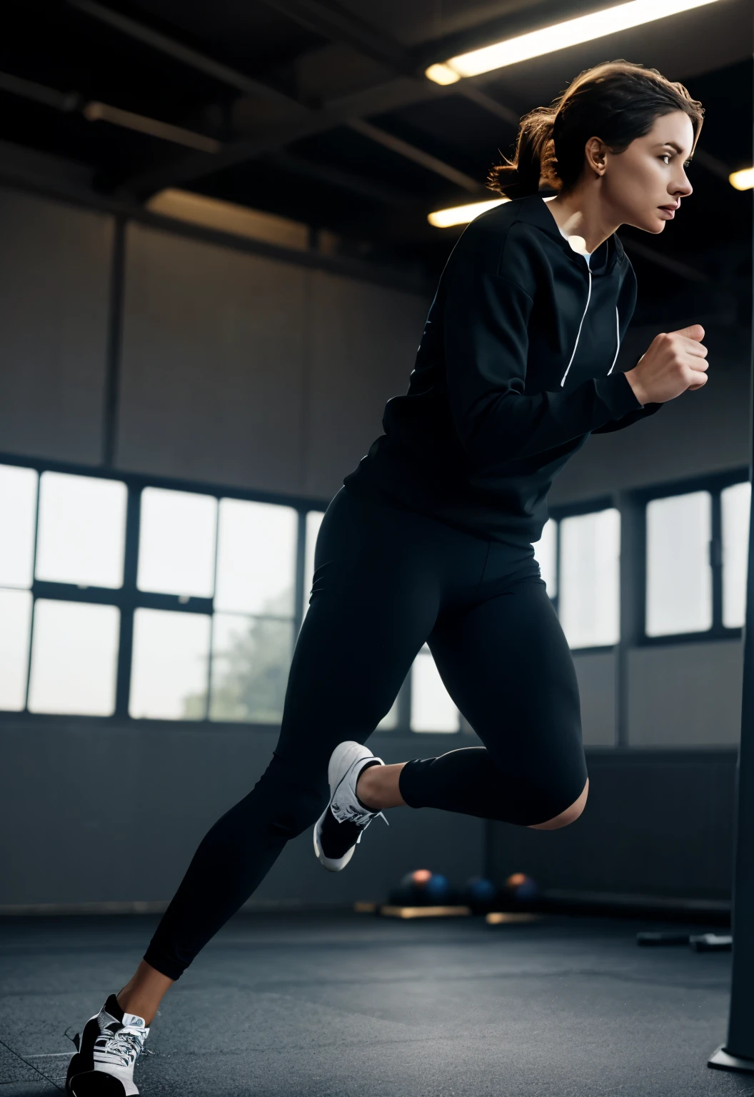 Women are running，running pose,, In the gym，Black sweatshirt