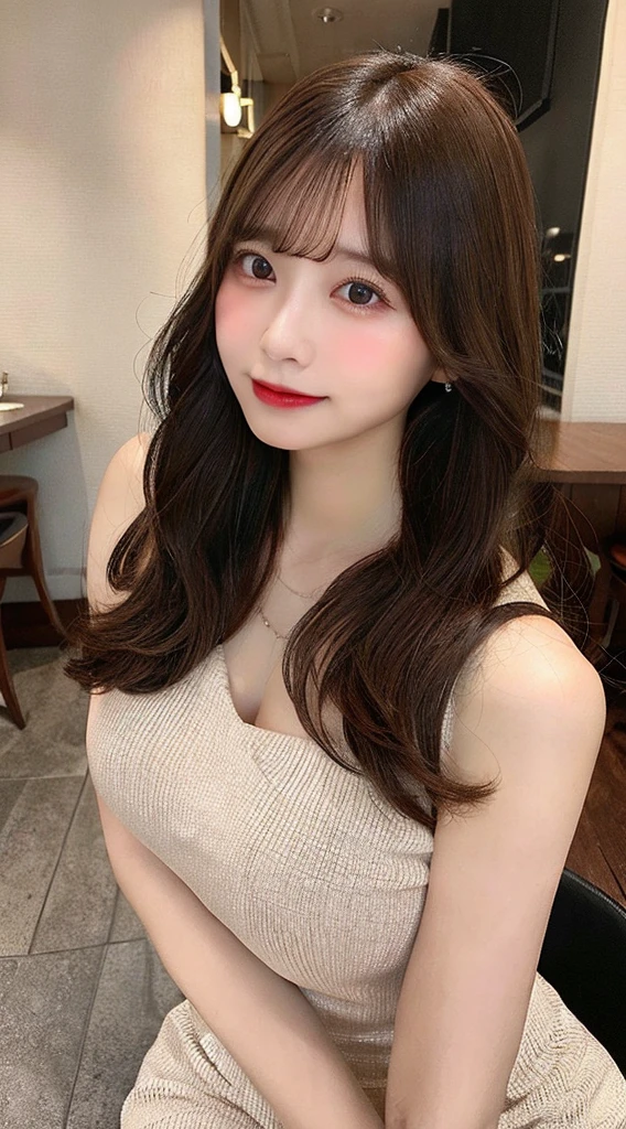 1 Lady Solo, maturefemale, /(pencil dress rack dress/) Necklace, /(Brown hair/) Bangs, blush gentle smile, (masterpiece best quality:1.2) Ultra-detailed and delicate illustrations, large full breasts, Arms Down, /(Bar Counter Night/)、Beautiful woman naked、Random sexy pose cup busty woman、Black lingerie style that emphasizes cleavage、