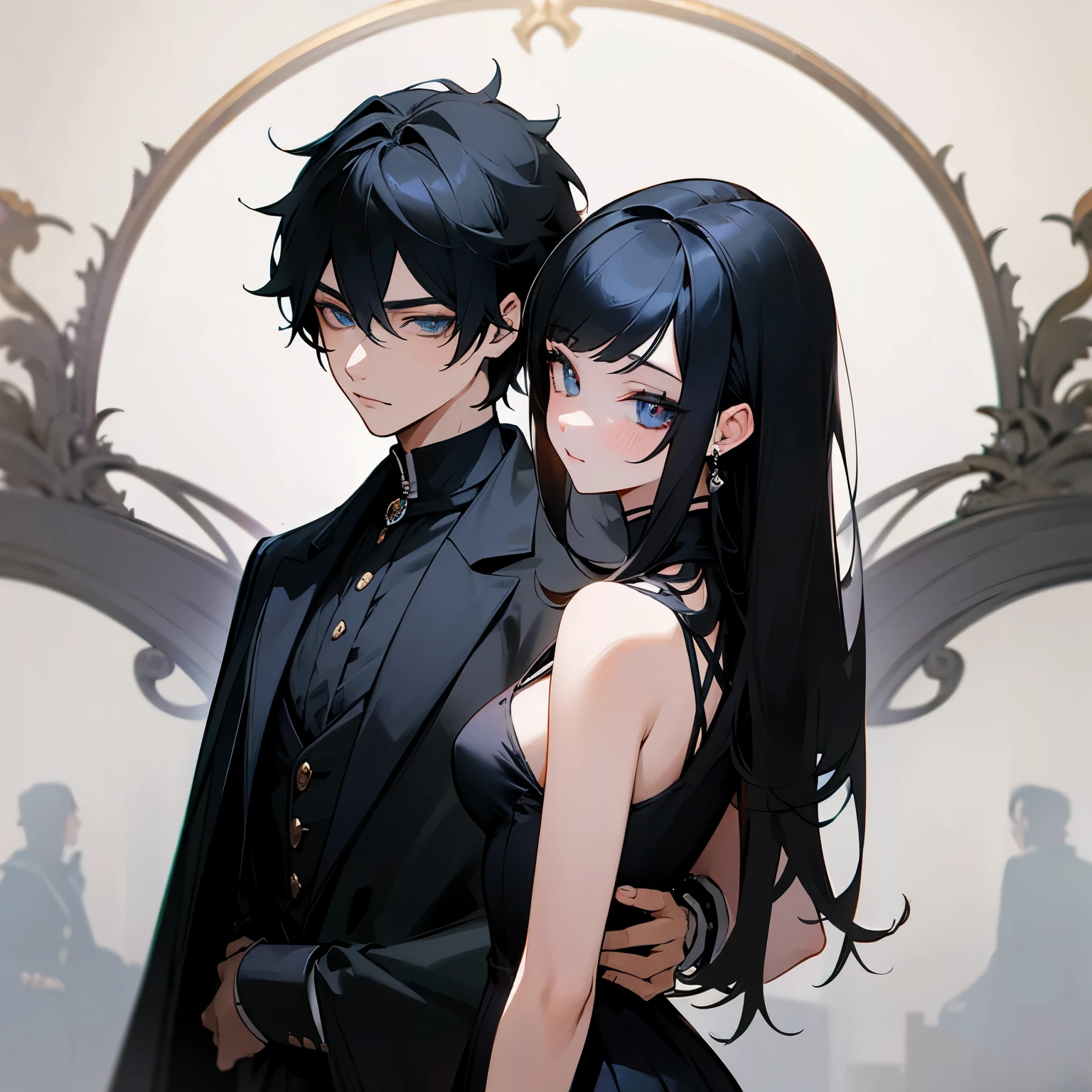 masterpiece, best quality, anime boy and girl, siblings, twins, one is male, one is female, (they look alike), black hair, gothic clothes, (sexy), detailed eyes