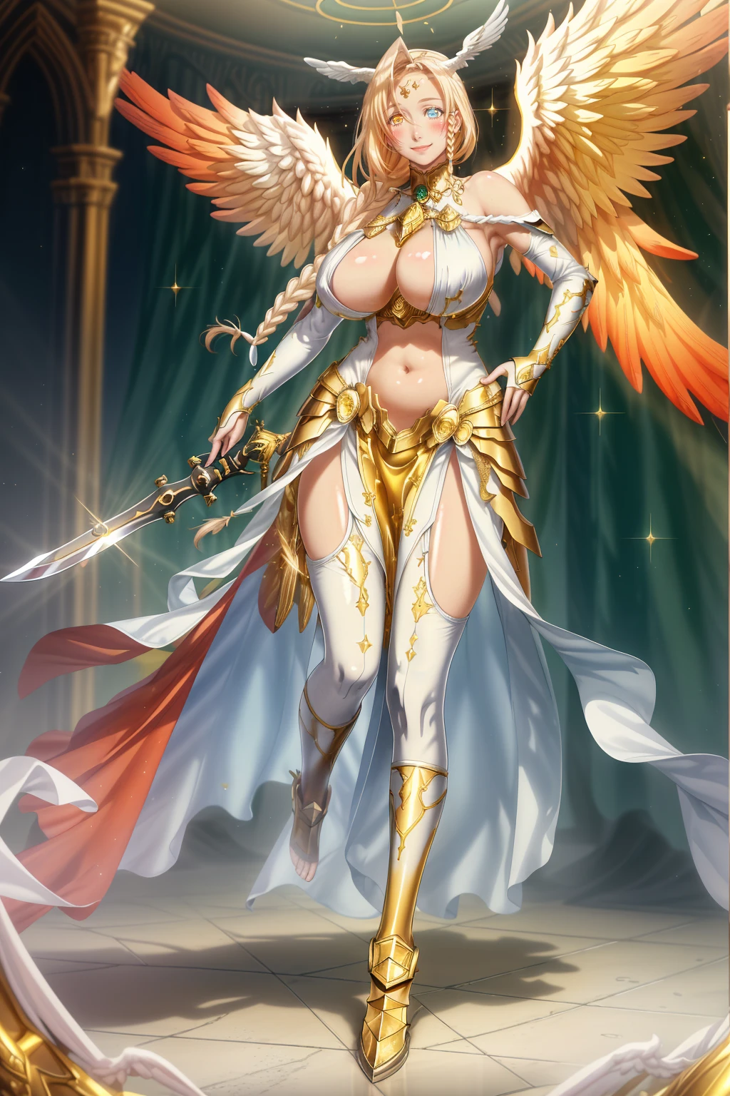 (masterpiece, best quality, highly detailed), 1girl, sarielx, heterochromia, braided ponytail, braided bangs, dramatic lighting, god rays, gold armor, underboob, gold skirt, gold boots, angel wings, head wings, cathedral, vitril, stained glass, standing, angel, wings, full body, feet,Gothic art, Renaissance, glowing light, god rays, blurry, sparkle, motion blur, depth of field, chiaroscuro, cinematic lighting, chromatic aberration, backlighting, bloom, blending, UHD, retina, masterpiece, ccurate, anatomically correct, textured skin, super detail, high details, high quality, award winning, best quality, highres, pullover, pants, sword holding, smile, happy, blush, pantyhose, bodysuit, refsheet, halo,hjy, a green and white dress with a bird on it hjy, a dress with a long train and a cape hjy, a woman in a red and white dress and a red and white robe