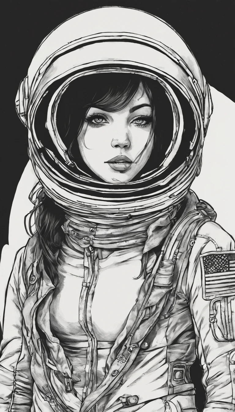 Desenho, tatuagem, preto e branco, astronauta feminina com traje capacete, sexy, magra, corpo bonito bem encorpado, completamente nua, linda, detalhada, sentada, sexy, pernas abertas, vagina bem destacada, seios pequenos bem destacados, sorriso fofo.