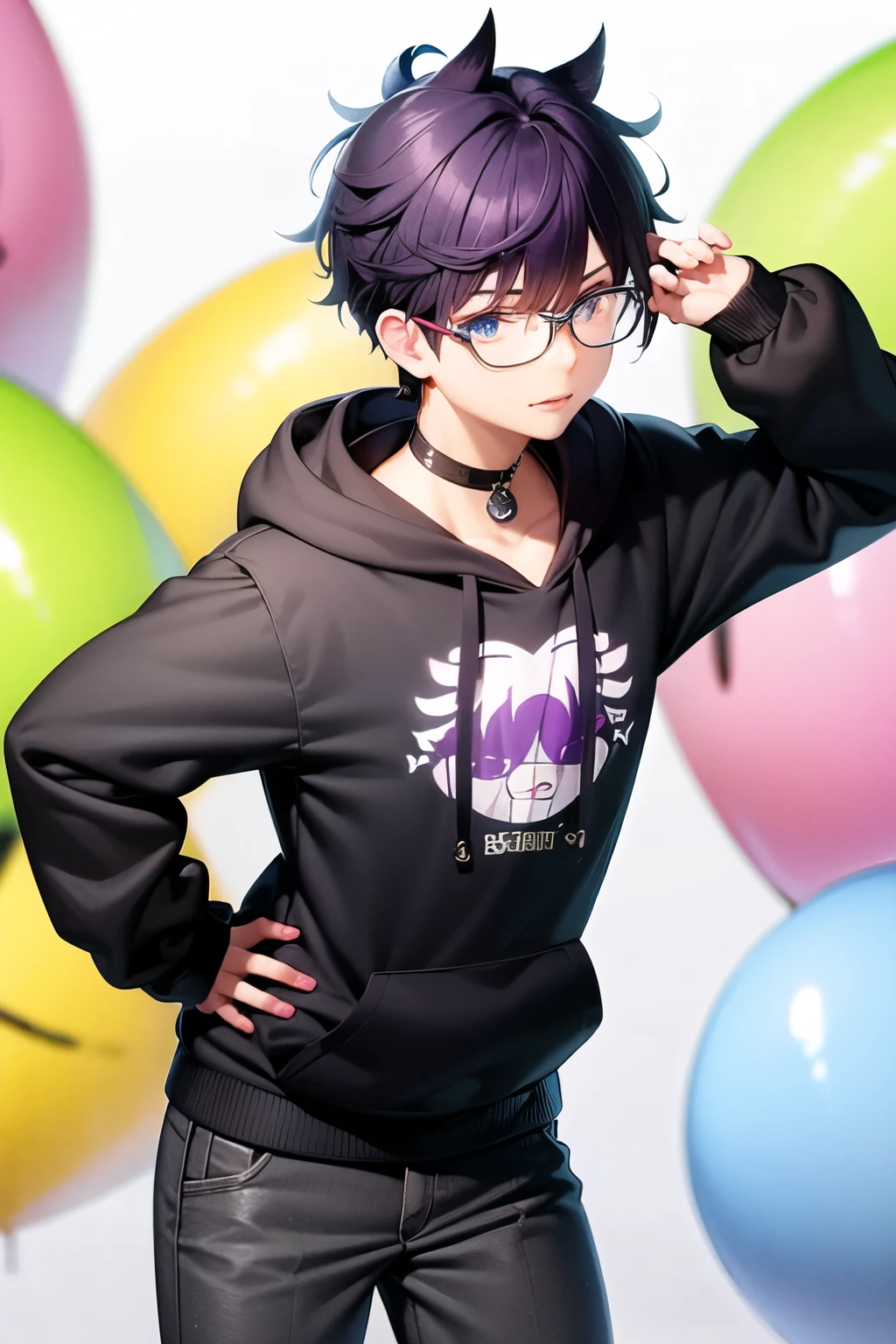No purple hair mesh、Ren Amemiya style hair、Square glasses are definitely for men、Anime style、Black hoodie only, black pants, eyes are blue