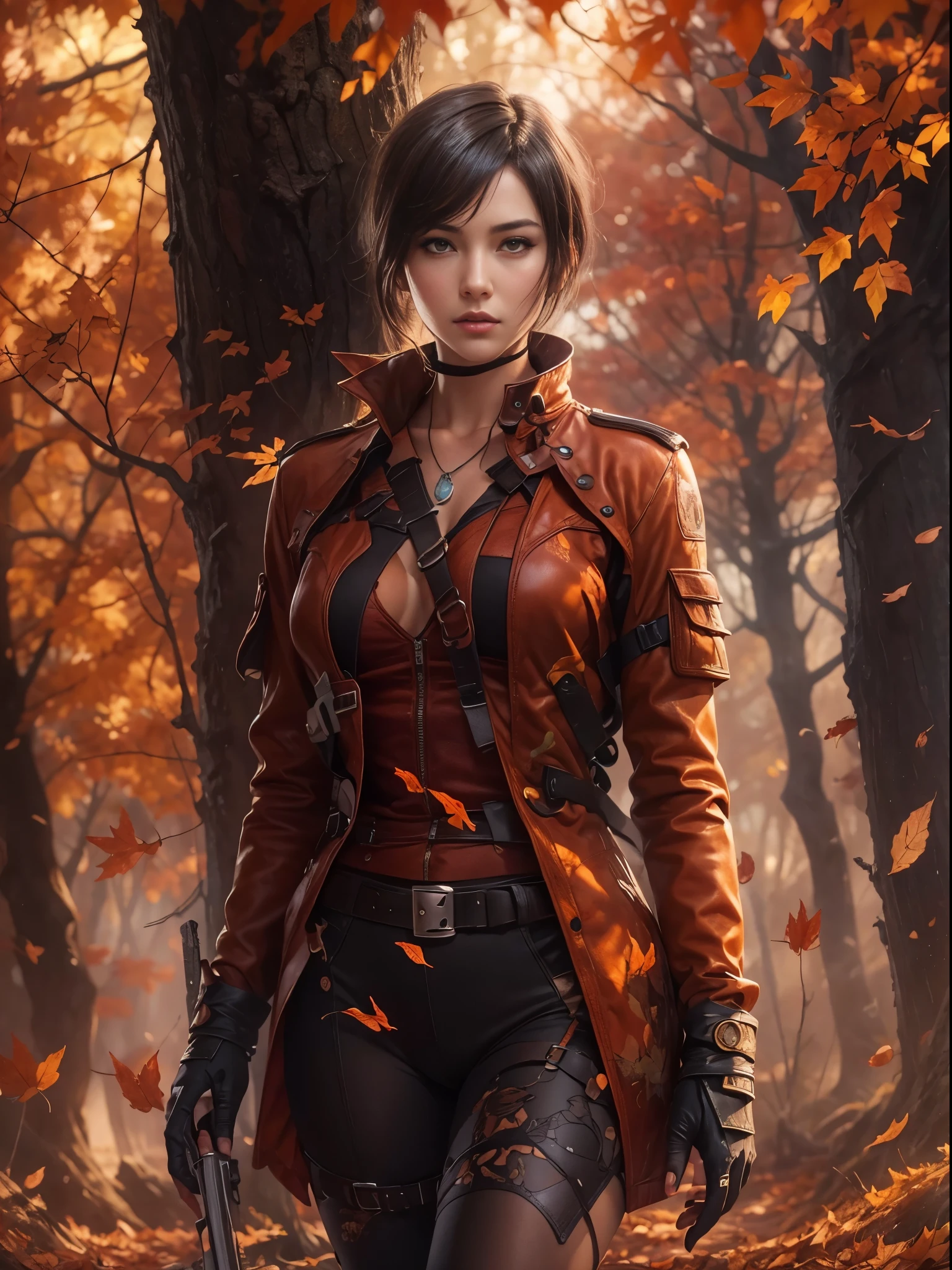 ((best quality)) , ((masterpiece)) ,(((Fantasy illustration)))， Ada Wong from Resident Evil, captured in high-definition within an autumnal setting. She stands amidst falling leaves, her signature sleek outfit contrasting with the warm, rustic colors of fall. The scene is rich in detail, from the crisp leaves underfoot to the subtle play of light filtering through the autumn canopy. Her expression is composed yet enigmatic, fitting her character's mysterious and confident nature. The image combines the eerie, suspenseful essence of Resident Evil with the natural beauty of an autumn landscape, creating a compelling and atmospheric portrait,8k resolution