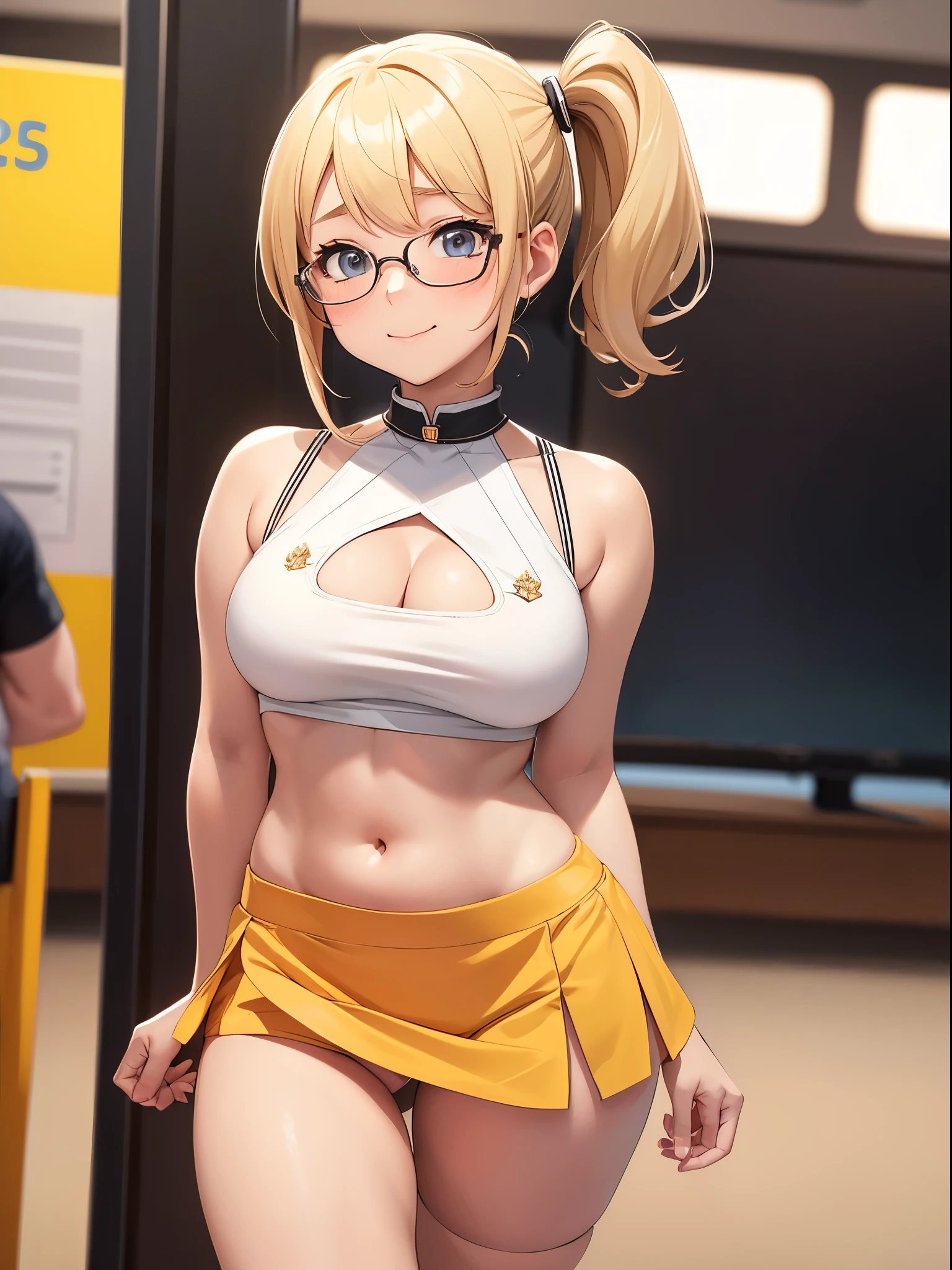 1 girl, in public, embarrassed, bangs, loli body,  girl, blonde hair side ponytail, sensual cleavage, sensual mouth, round breasts, ass facing the viewer, back to the screen, smile, tight, micro shorts 1.4, Ultra HD, 4k image, glasses, character close to the camera, tight shorts, shorts showing crotch, low-cut shorts, shorts with open fly, V-shaped panties, visible lower part of the breasts, visible belly, short mini skirt, micro skirt, skirt small and torn, tight skirt